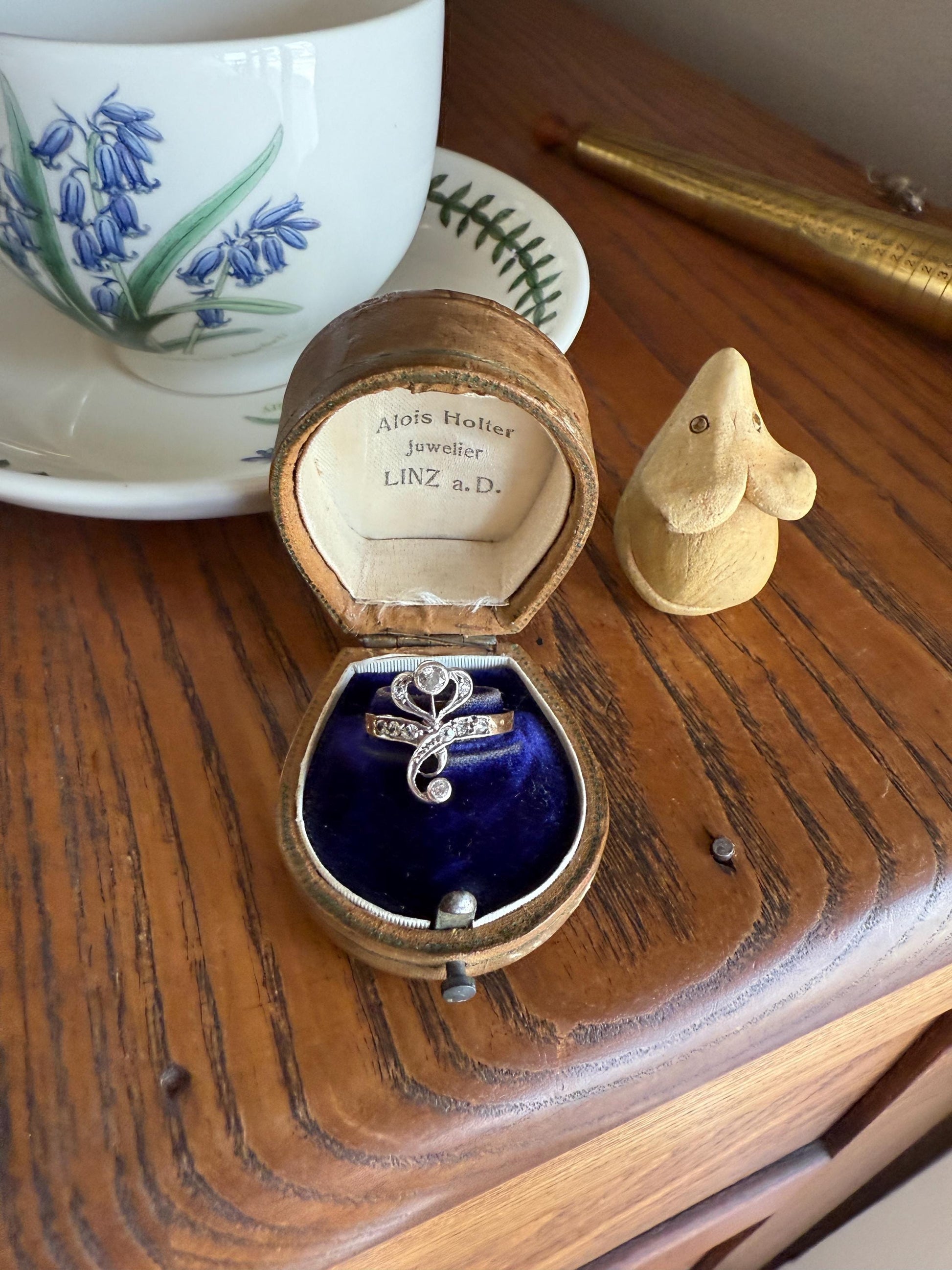 Antique Art Nouveau Jugendstil Old Mine Rose Cut Diamond Whiplash Swirl Stylized Flower Ring 14k Gold Silver Figural Ornate