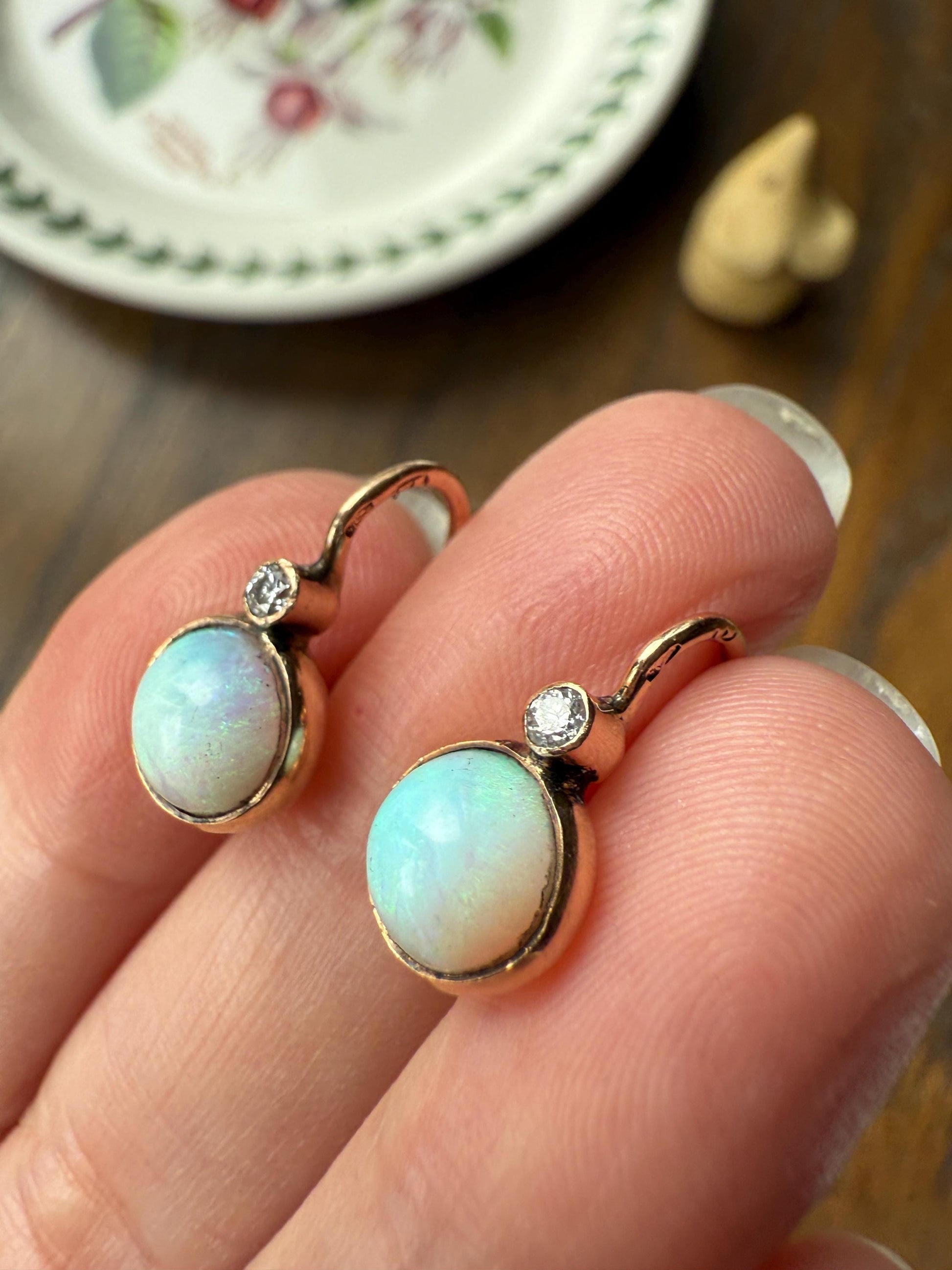Antique Blue OPAL 14k Rosy Gold Bezel Set Earrings with Diamond Accents Lever Back Dormeuse Dangle