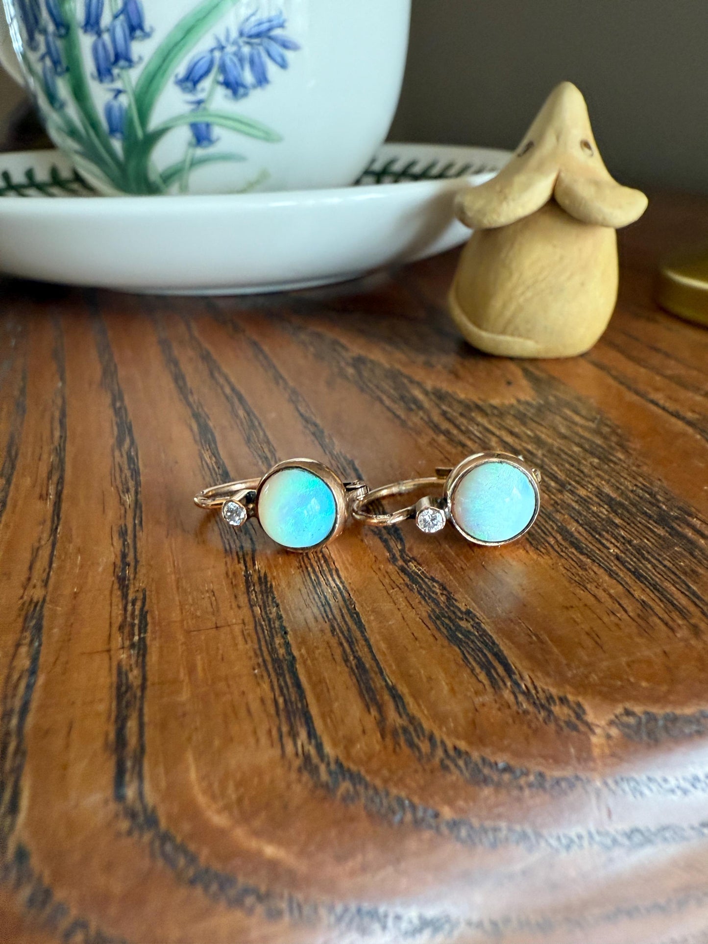 Antique Blue OPAL 14k Rosy Gold Bezel Set Earrings with Diamond Accents Lever Back Dormeuse Dangle