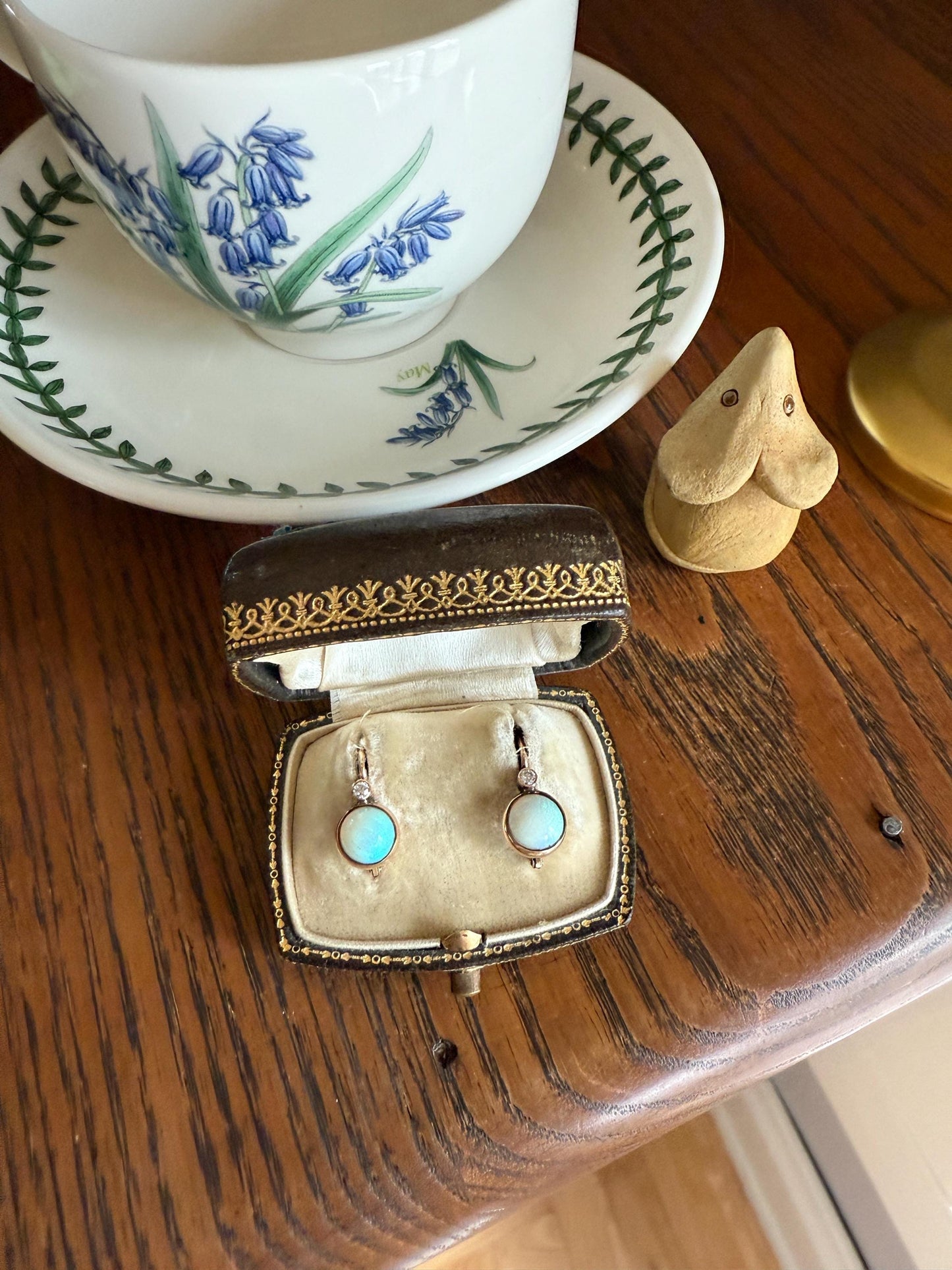 Antique Blue OPAL 14k Rosy Gold Bezel Set Earrings with Diamond Accents Lever Back Dormeuse Dangle