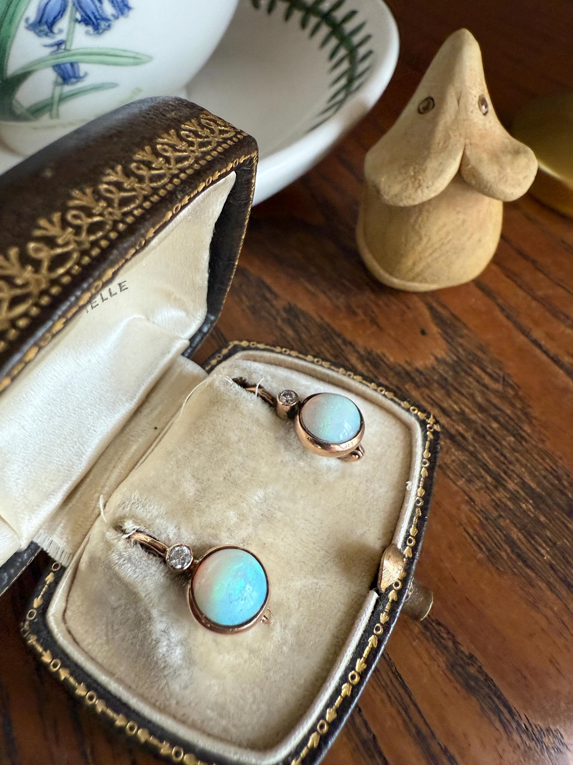Antique Blue OPAL 14k Rosy Gold Bezel Set Earrings with Diamond Accents Lever Back Dormeuse Dangle