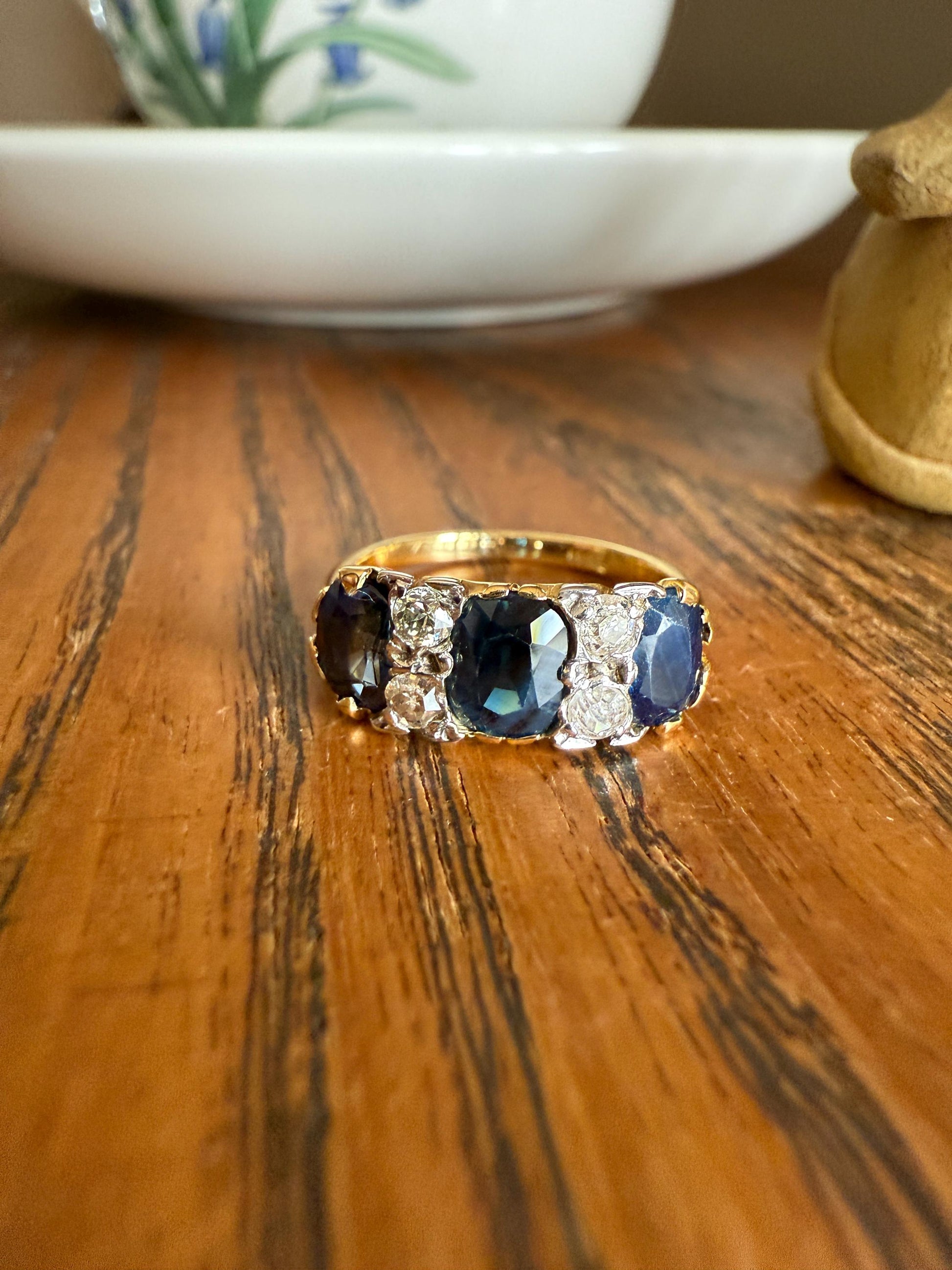 Antique Natural Sapphire Velvety Blue Three Stone Ring with Old Mine Cut Diamond Spacers Green Peacock Victorian Stacker Band