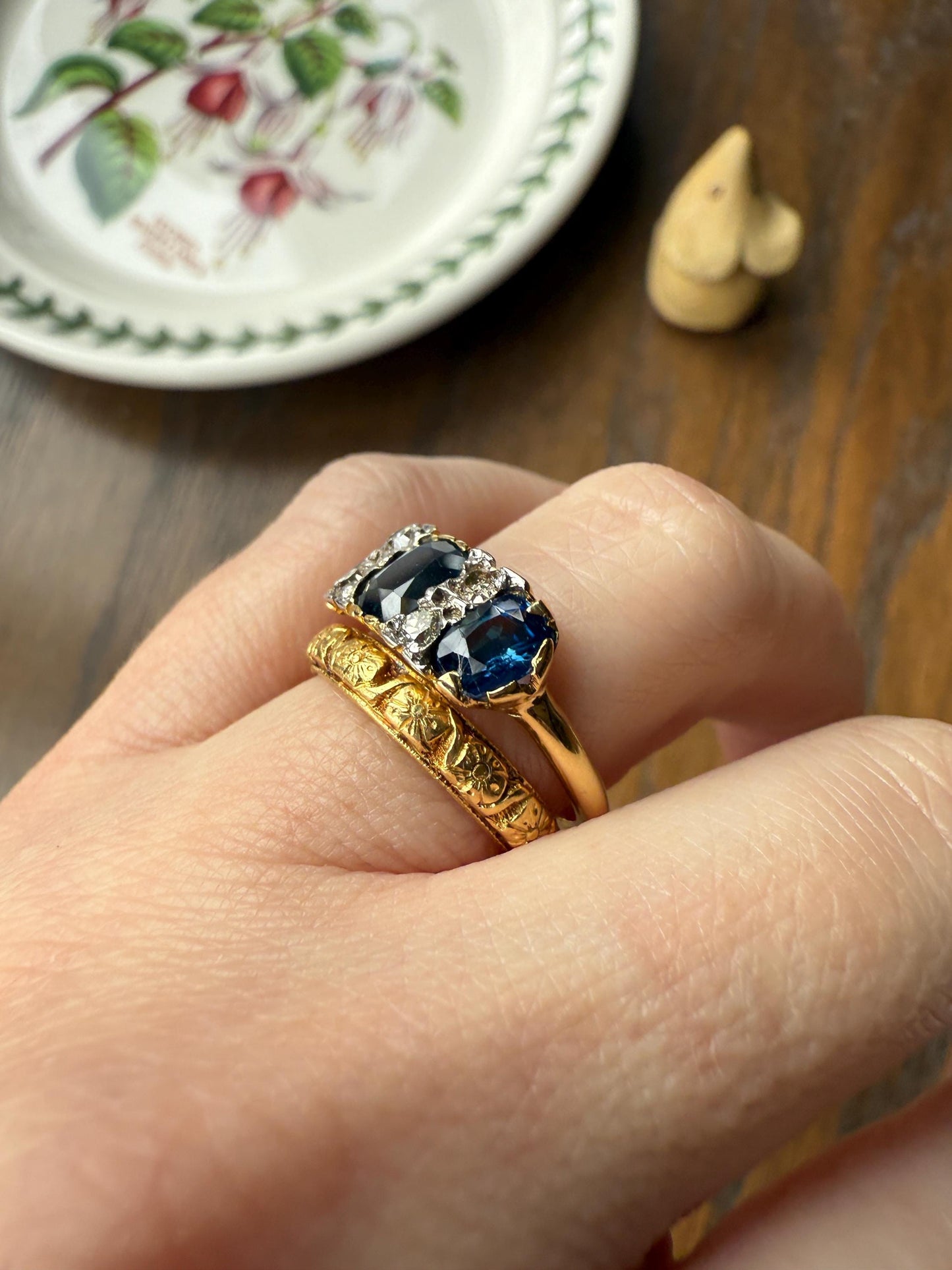 Antique Natural Sapphire Velvety Blue Three Stone Ring with Old Mine Cut Diamond Spacers Green Peacock Victorian Stacker Band