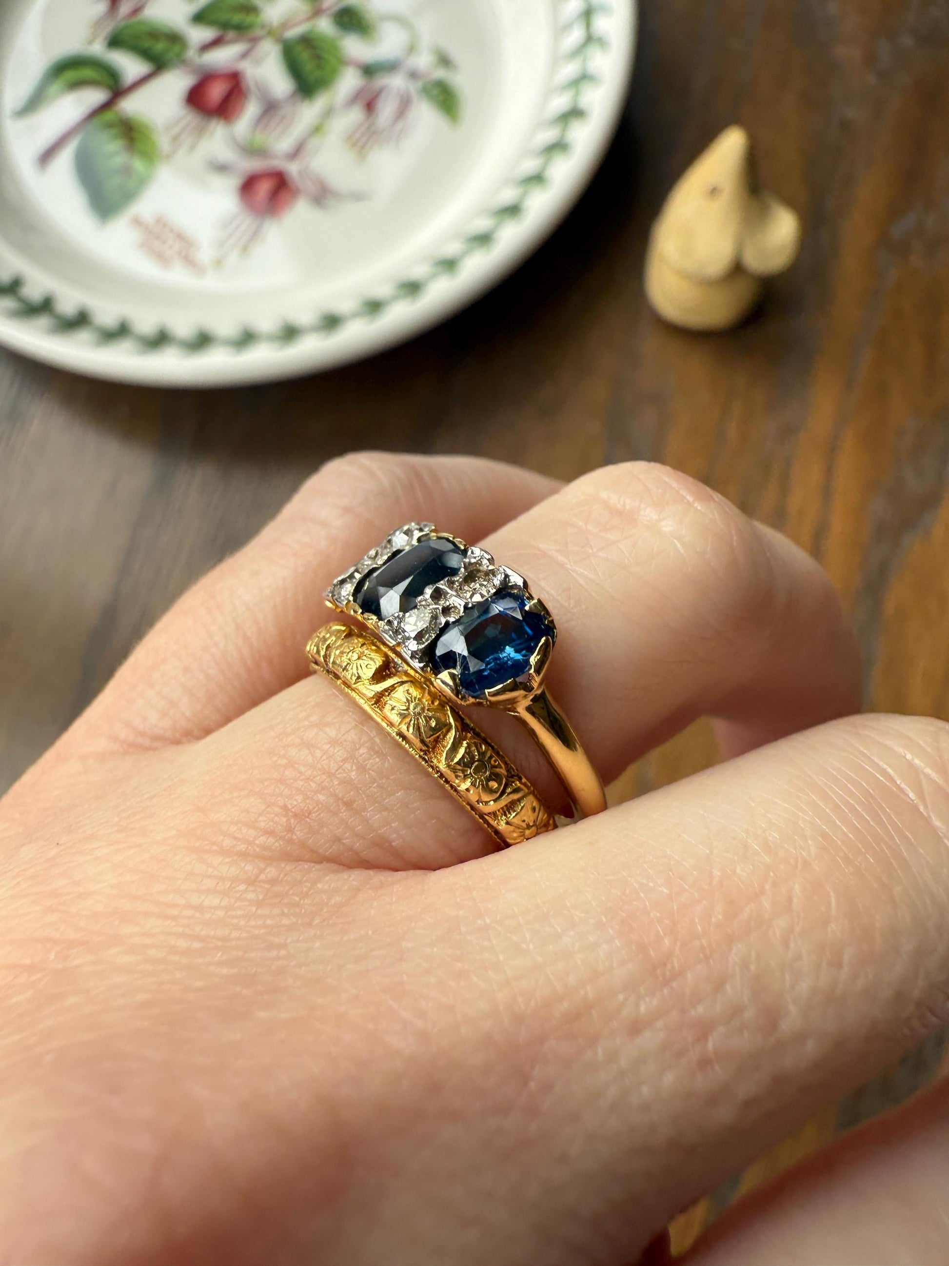 Antique Natural Sapphire Velvety Blue Three Stone Ring with Old Mine Cut Diamond Spacers Green Peacock Victorian Stacker Band