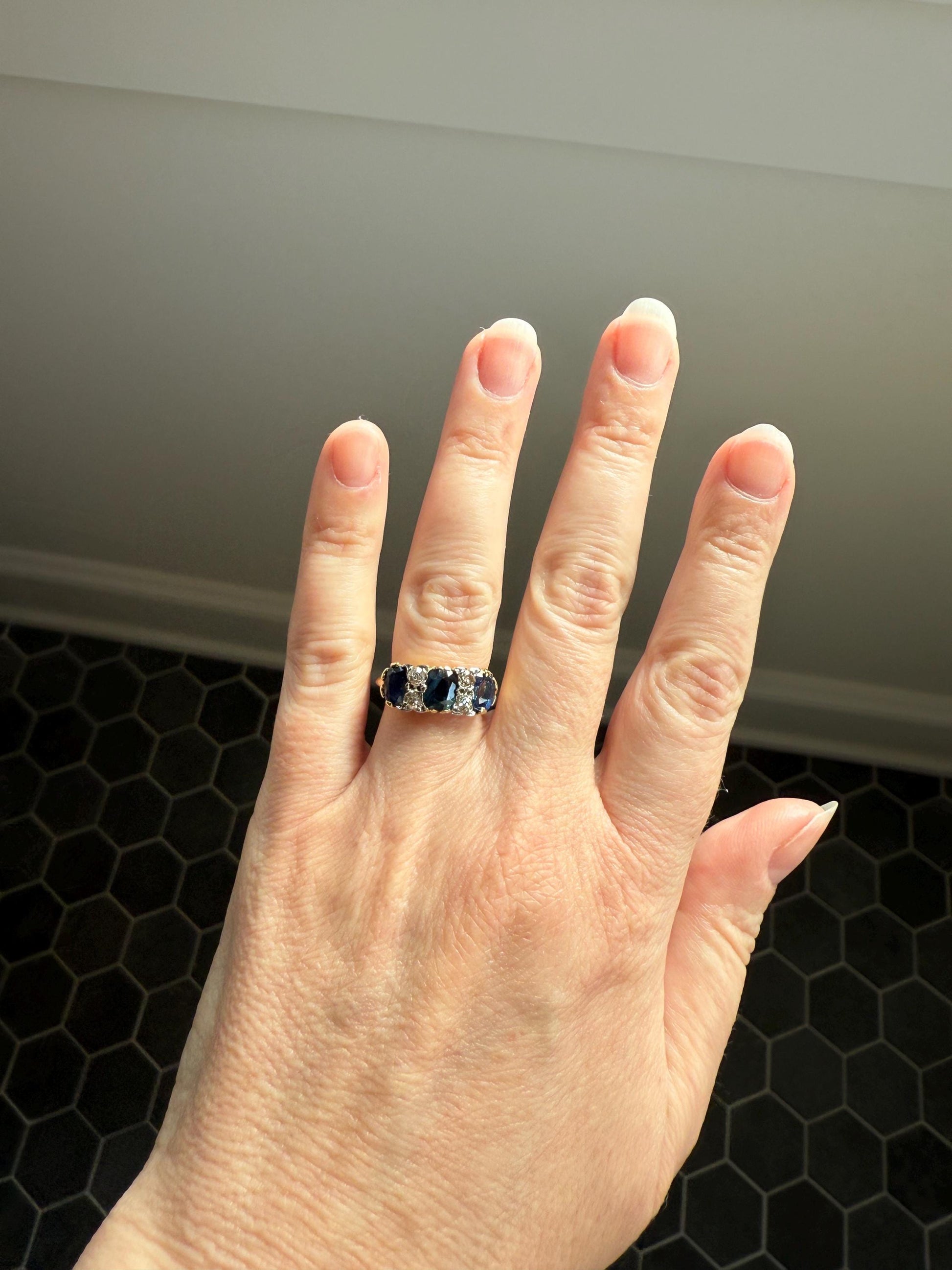 Antique Natural Sapphire Velvety Blue Three Stone Ring with Old Mine Cut Diamond Spacers Green Peacock Victorian Stacker Band