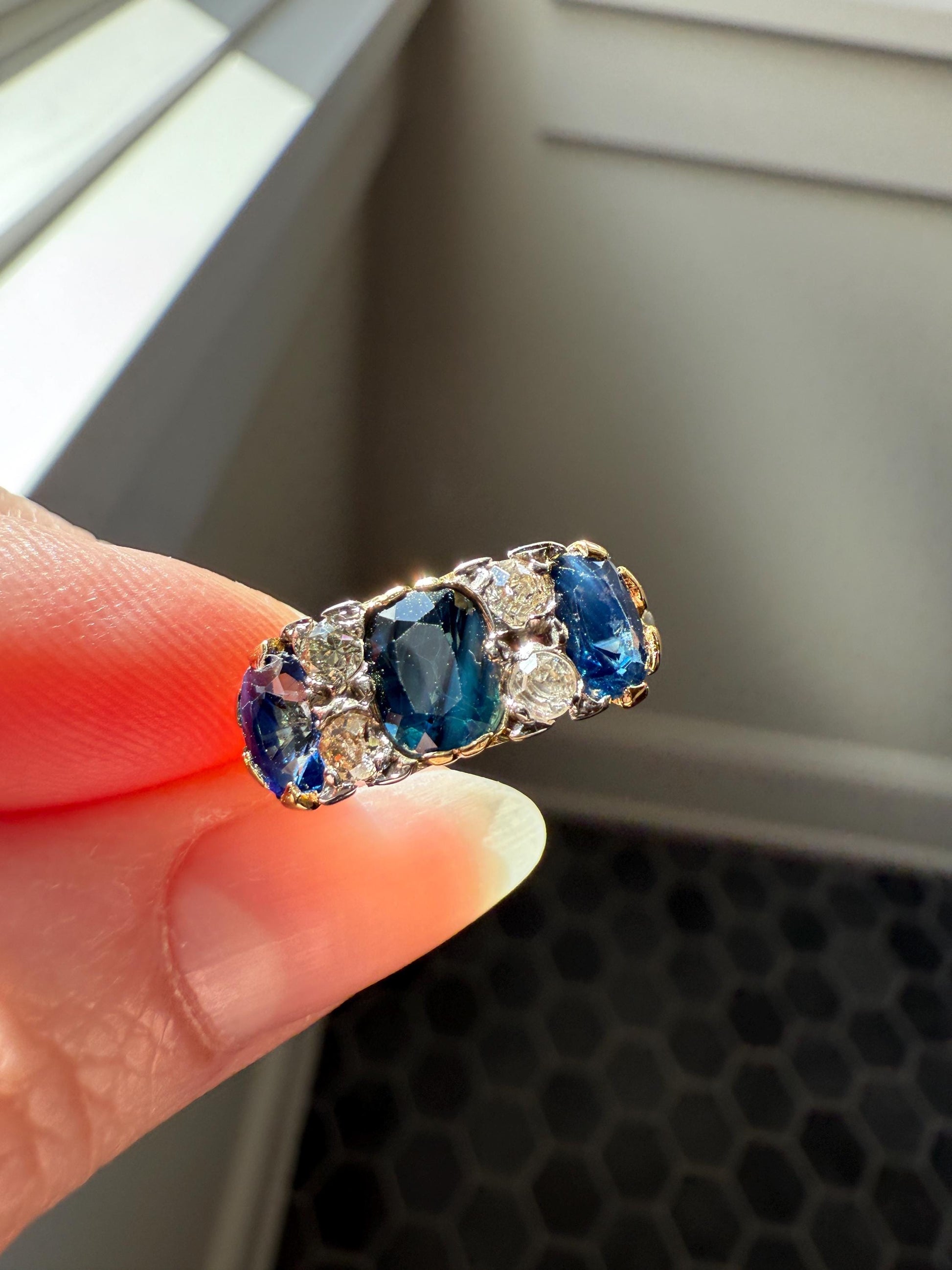 Antique Natural Sapphire Velvety Blue Three Stone Ring with Old Mine Cut Diamond Spacers Green Peacock Victorian Stacker Band