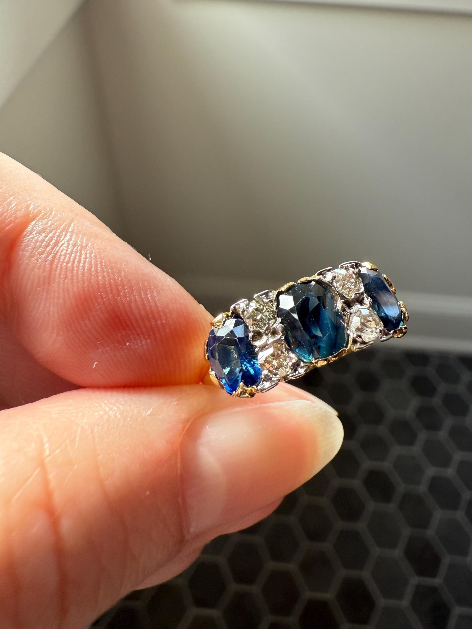 Antique Natural Sapphire Velvety Blue Three Stone Ring with Old Mine Cut Diamond Spacers Green Peacock Victorian Stacker Band