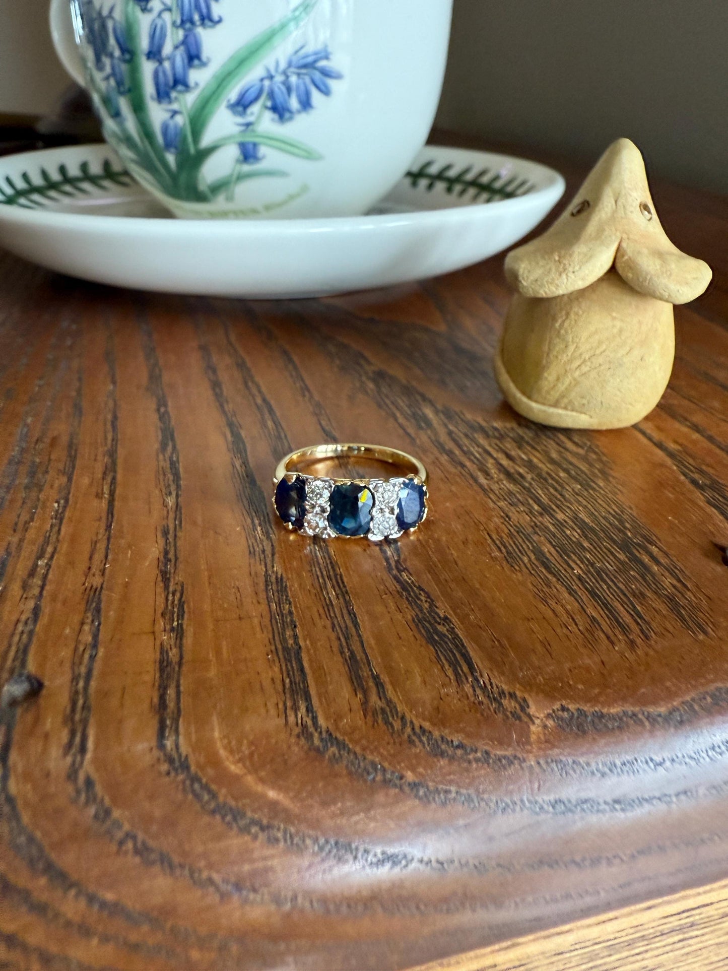 Antique Natural Sapphire Velvety Blue Three Stone Ring with Old Mine Cut Diamond Spacers Green Peacock Victorian Stacker Band
