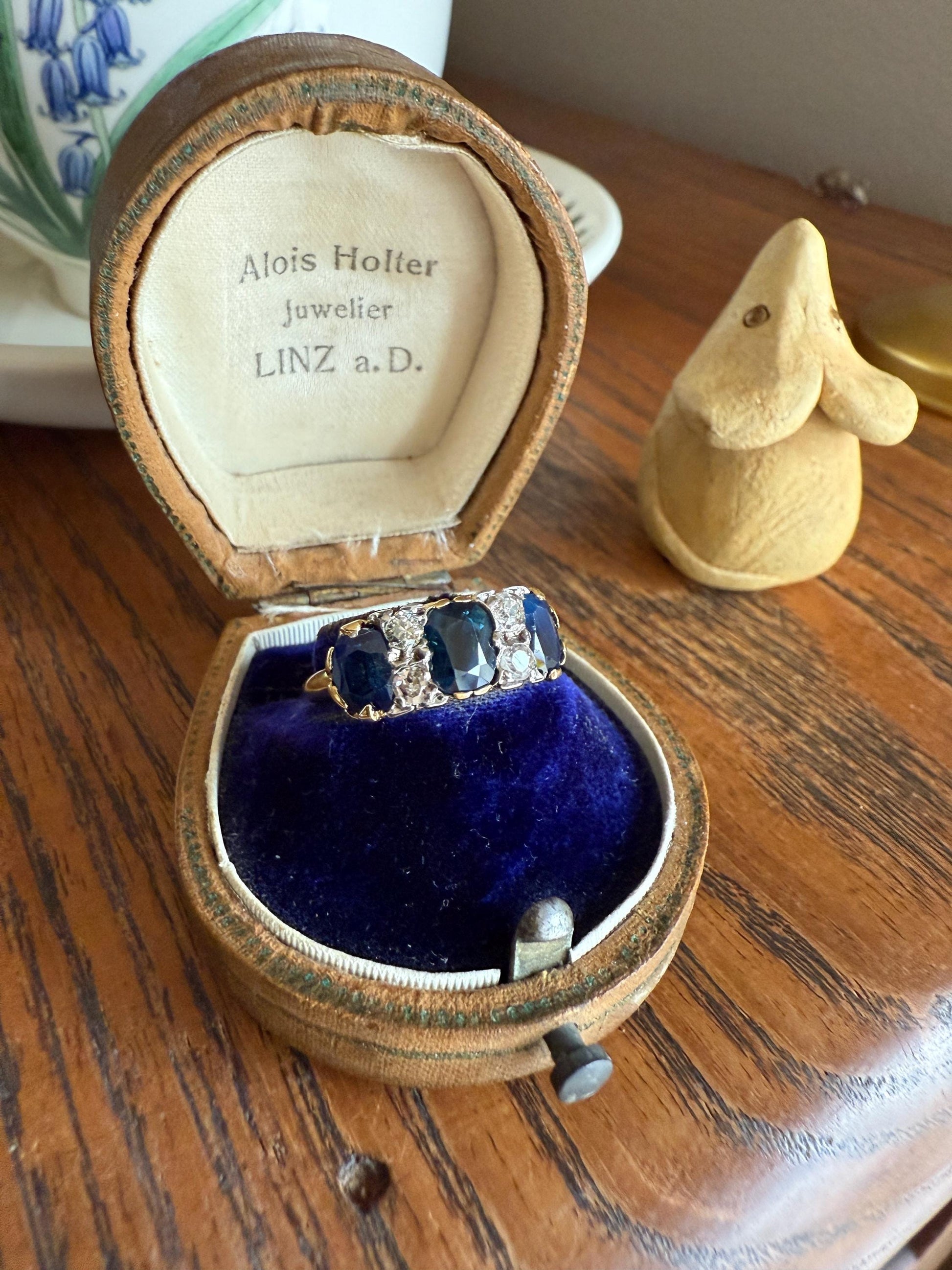 Antique Natural Sapphire Velvety Blue Three Stone Ring with Old Mine Cut Diamond Spacers Green Peacock Victorian Stacker Band