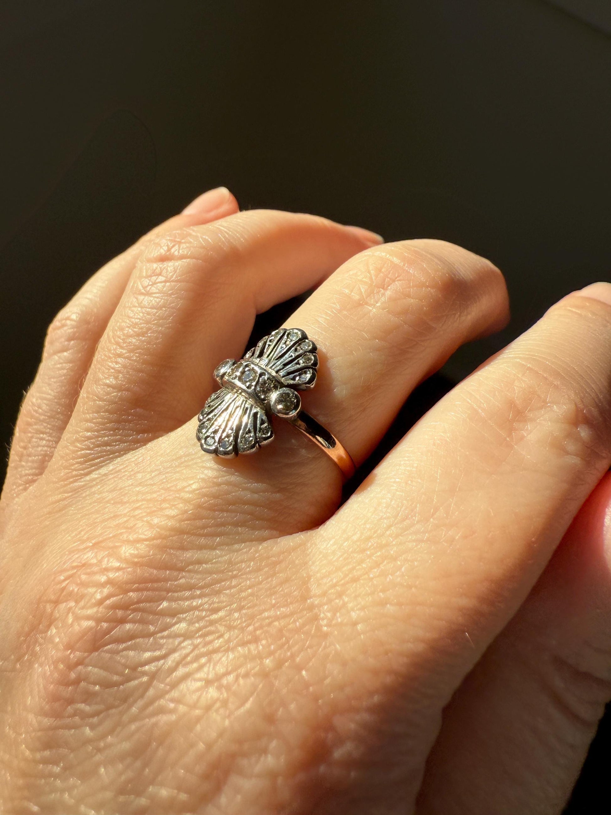 Antique Fan Feather Art Deco Natural Diamond Figural Ring 14k Gold Solid Silver Architectural
