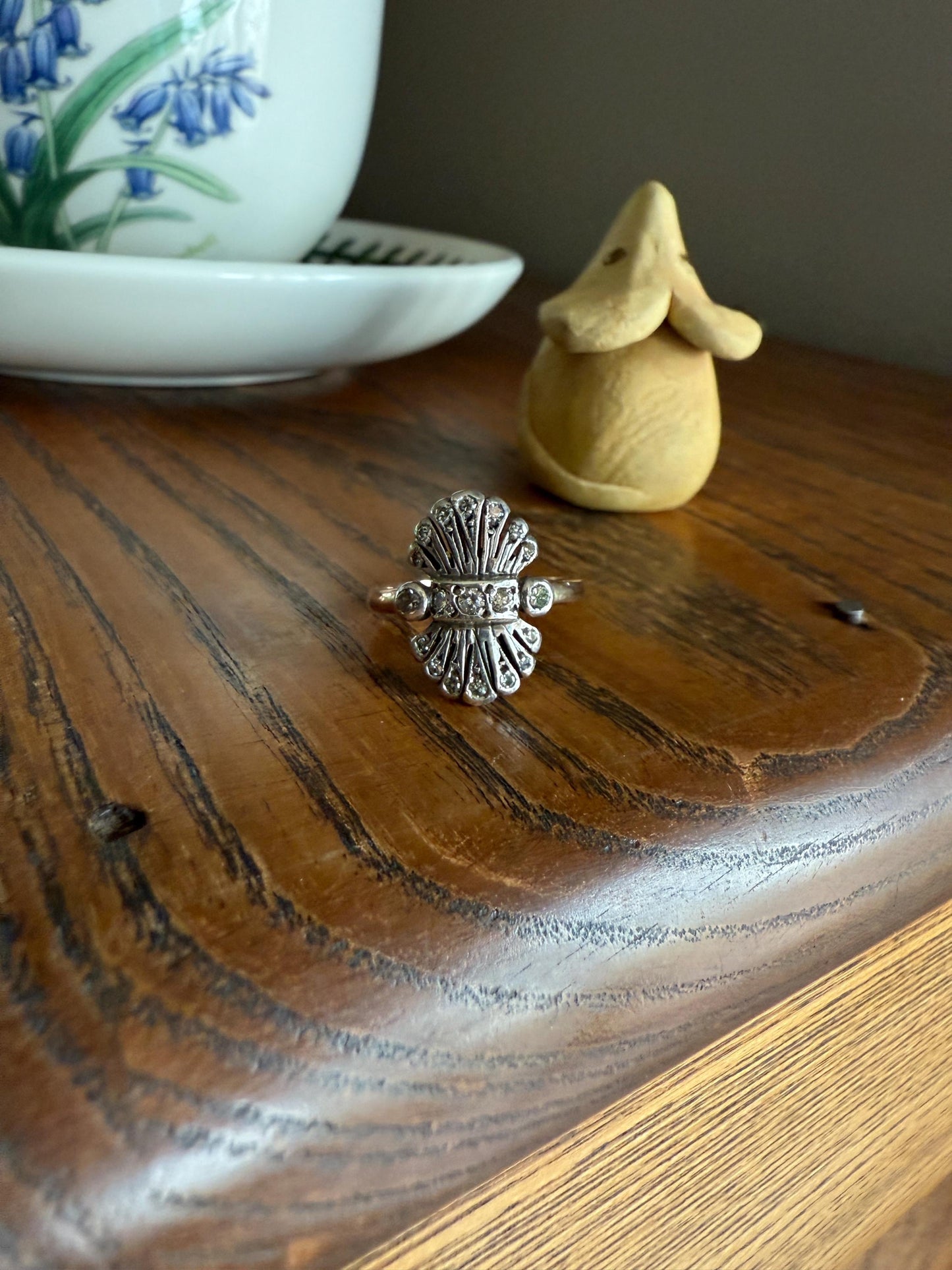 Antique Fan Feather Art Deco Natural Diamond Figural Ring 14k Gold Solid Silver Architectural