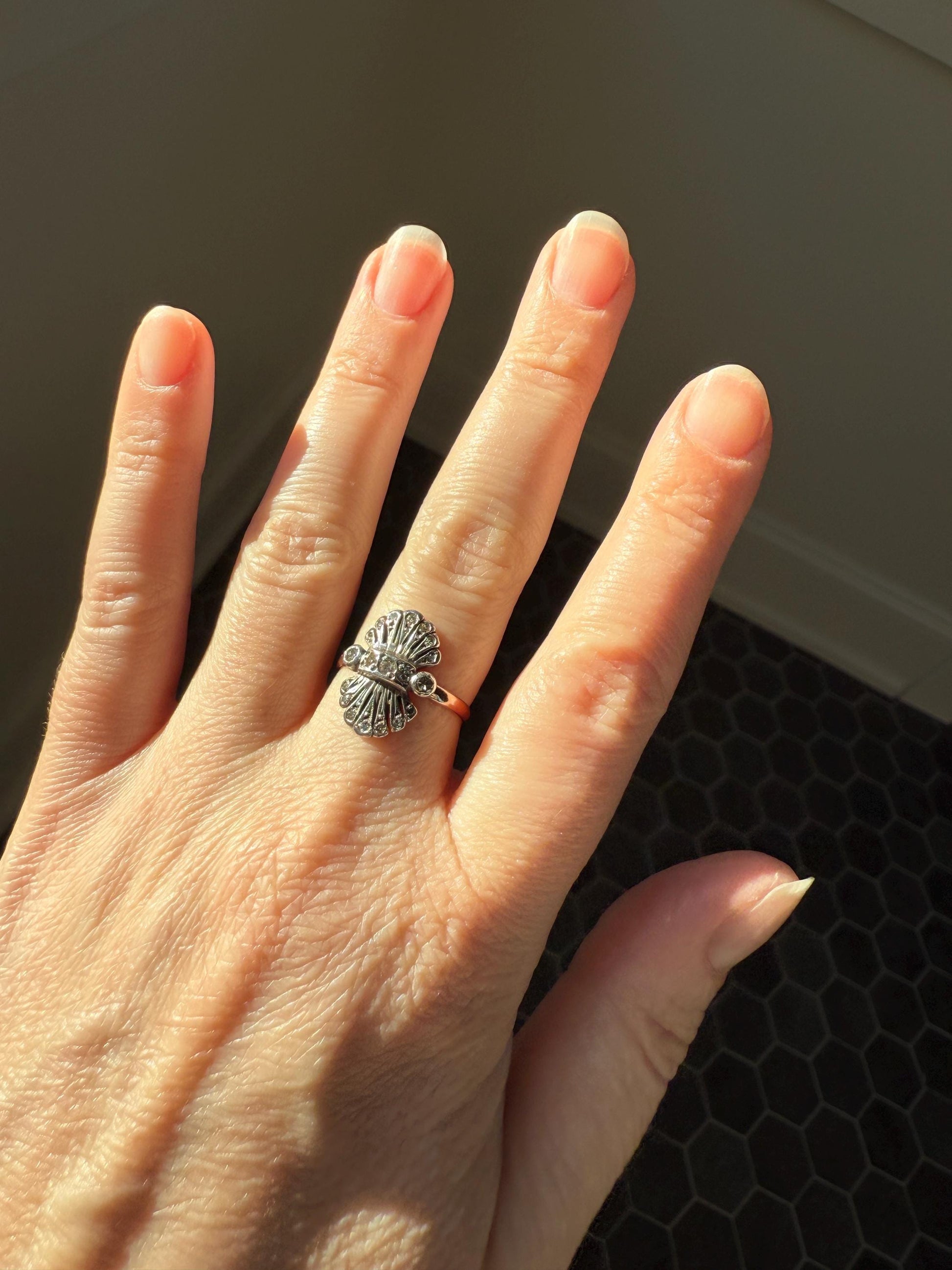 Antique Fan Feather Art Deco Natural Diamond Figural Ring 14k Gold Solid Silver Architectural
