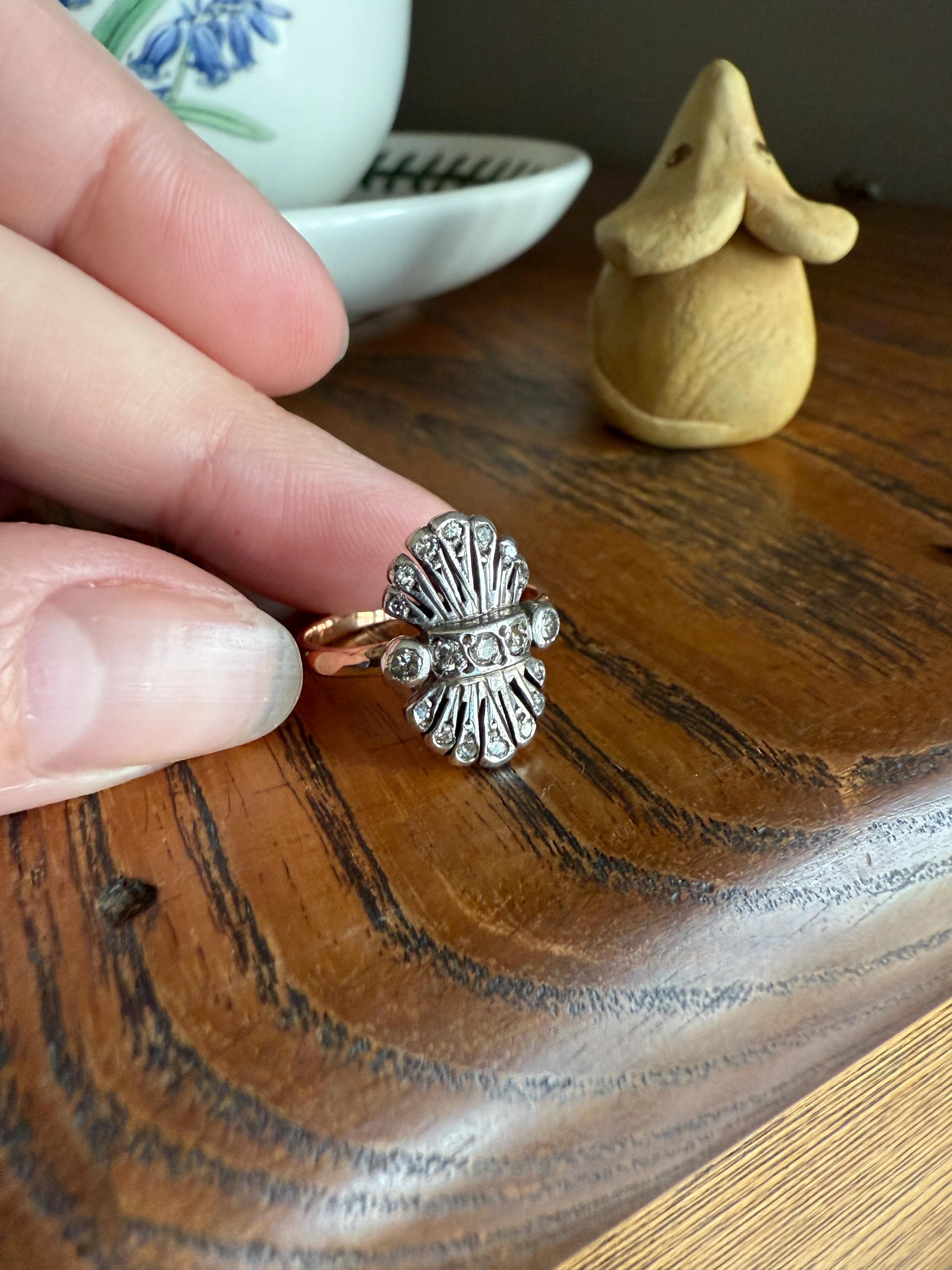 Antique Fan Feather Art Deco Natural Diamond Figural Ring 14k Gold Solid Silver Architectural