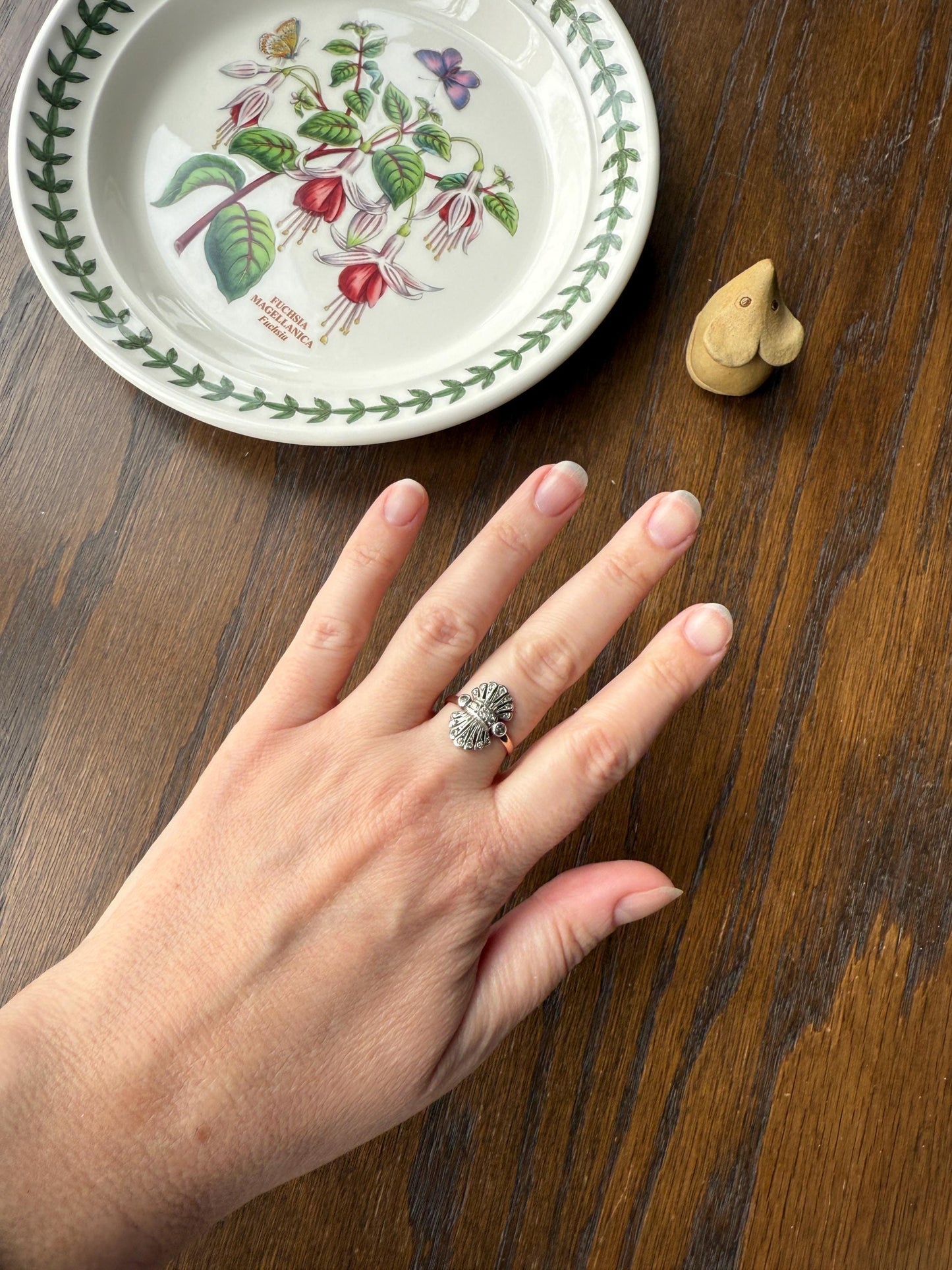 Antique Fan Feather Art Deco Natural Diamond Figural Ring 14k Gold Solid Silver Architectural