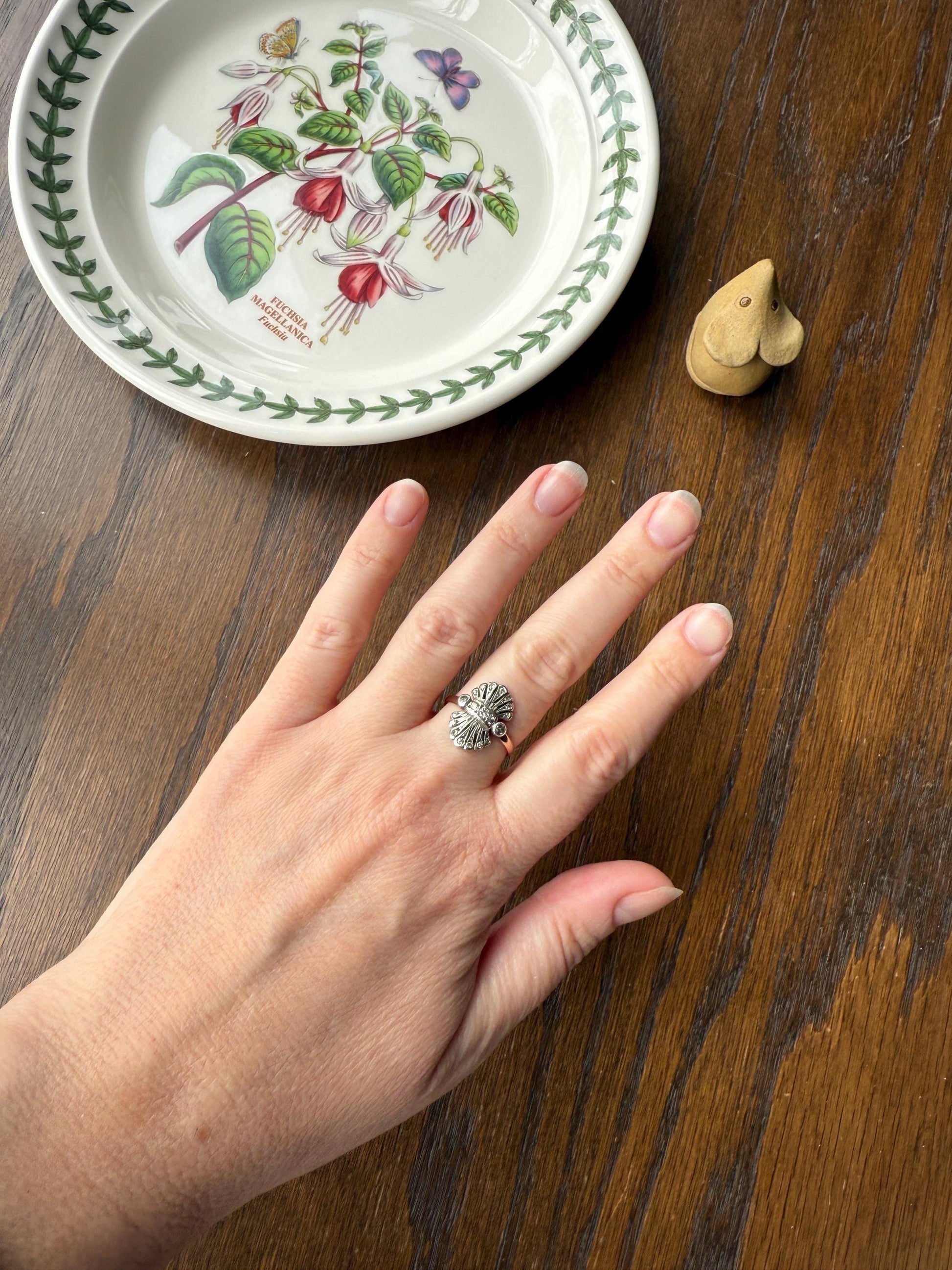 Antique Fan Feather Art Deco Natural Diamond Figural Ring 14k Gold Solid Silver Architectural