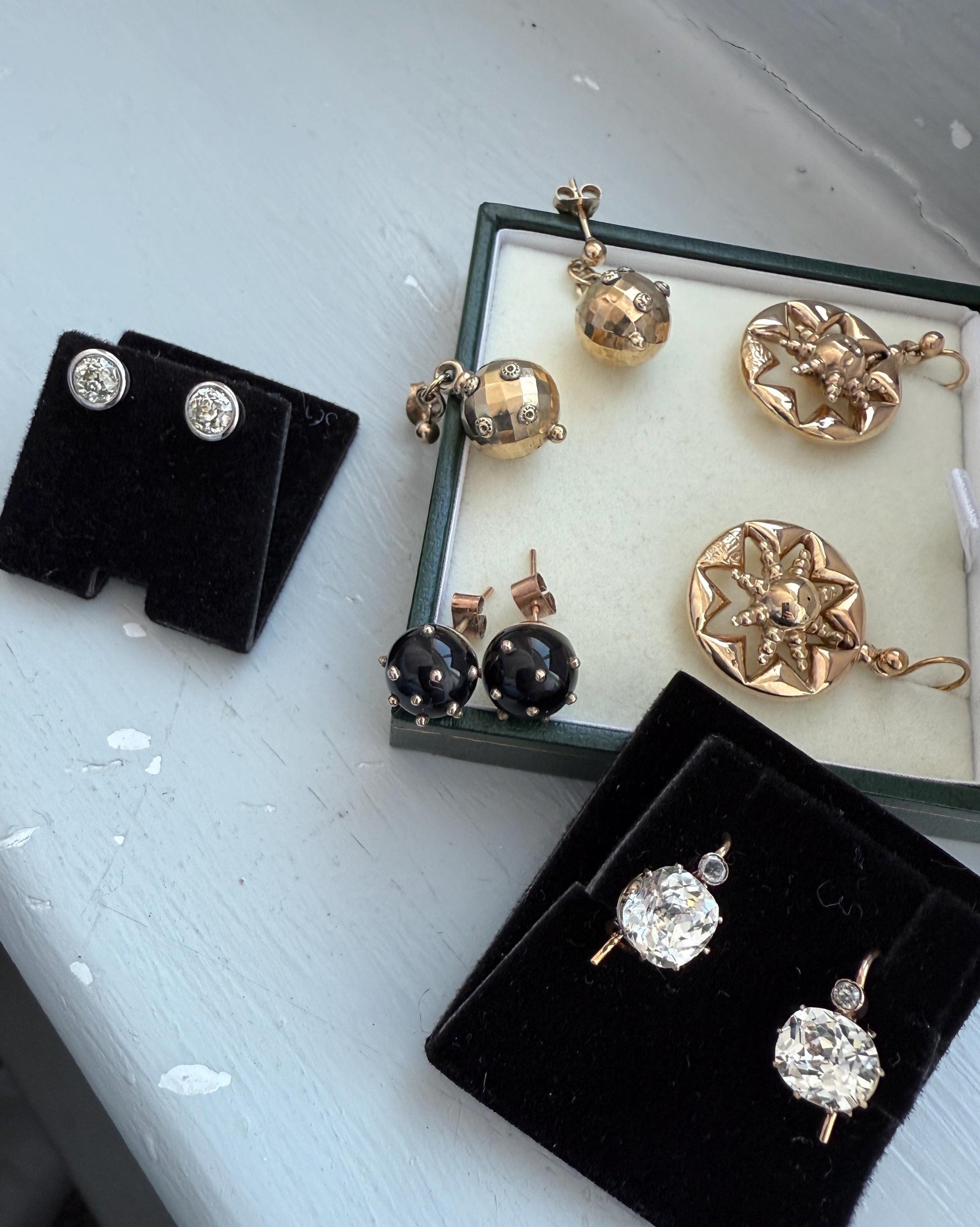 Sphere Circular 3D Victorian Black Spiked Stud Earrings with Ball Rivets " Sputnik " Style but Antique 10k Gold Studs Jet?