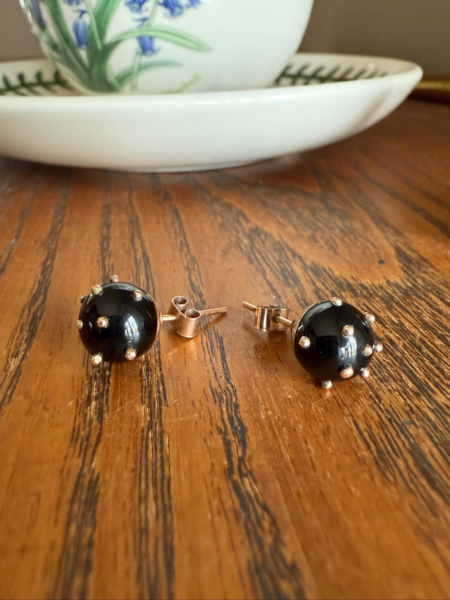 Sphere Circular 3D Victorian Black Spiked Stud Earrings with Ball Rivets " Sputnik " Style but Antique 10k Gold Studs Jet?