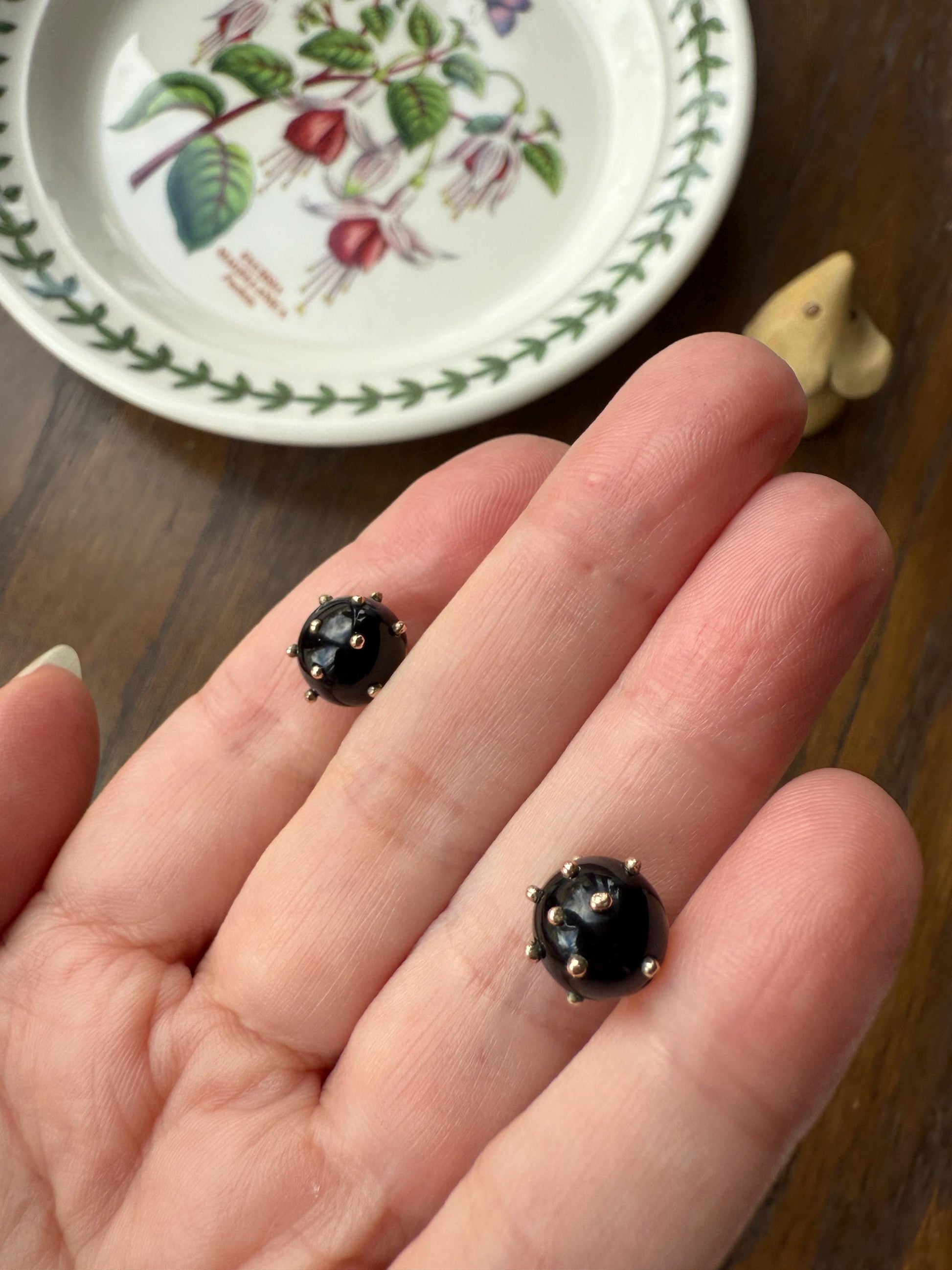 Sphere Circular 3D Victorian Black Spiked Stud Earrings with Ball Rivets " Sputnik " Style but Antique 10k Gold Studs Jet?