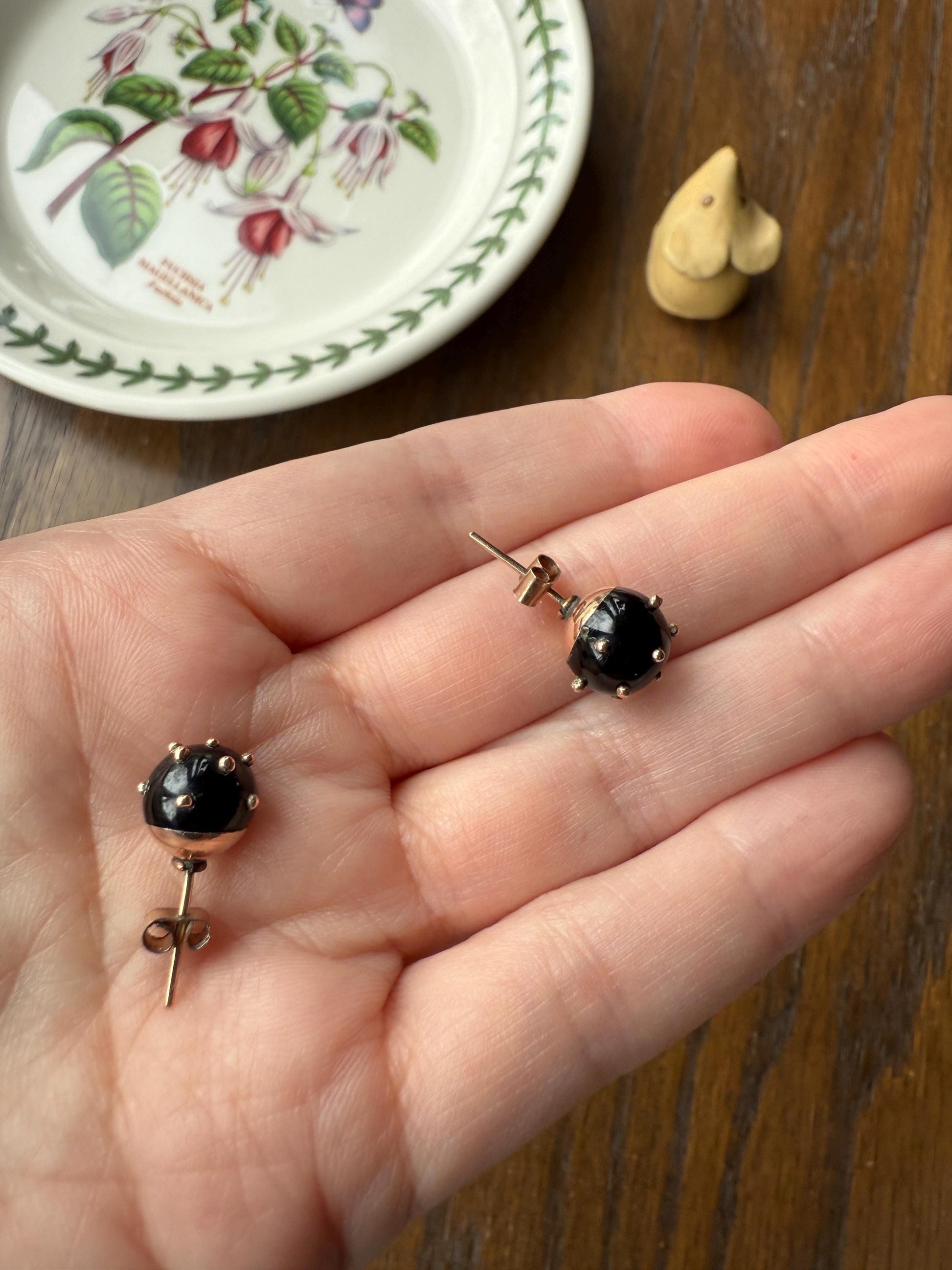 Sphere Circular 3D Victorian Black Spiked Stud Earrings with Ball Rivets " Sputnik " Style but Antique 10k Gold Studs Jet?