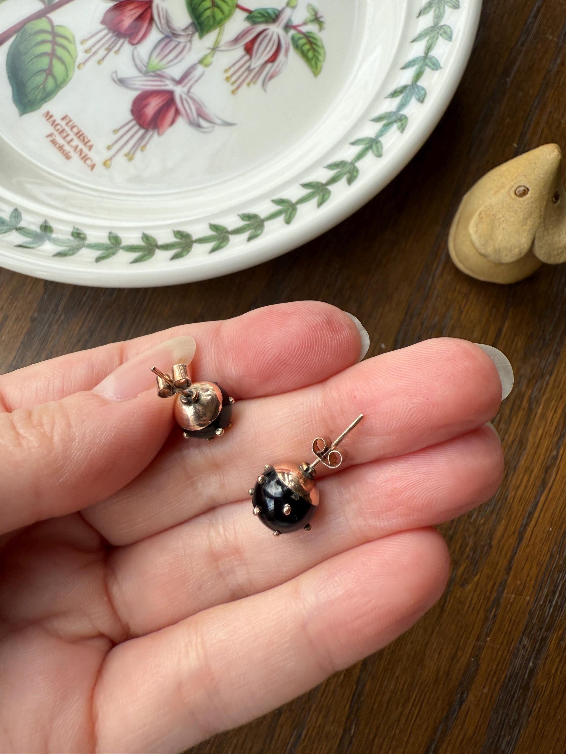 Sphere Circular 3D Victorian Black Spiked Stud Earrings with Ball Rivets " Sputnik " Style but Antique 10k Gold Studs Jet?
