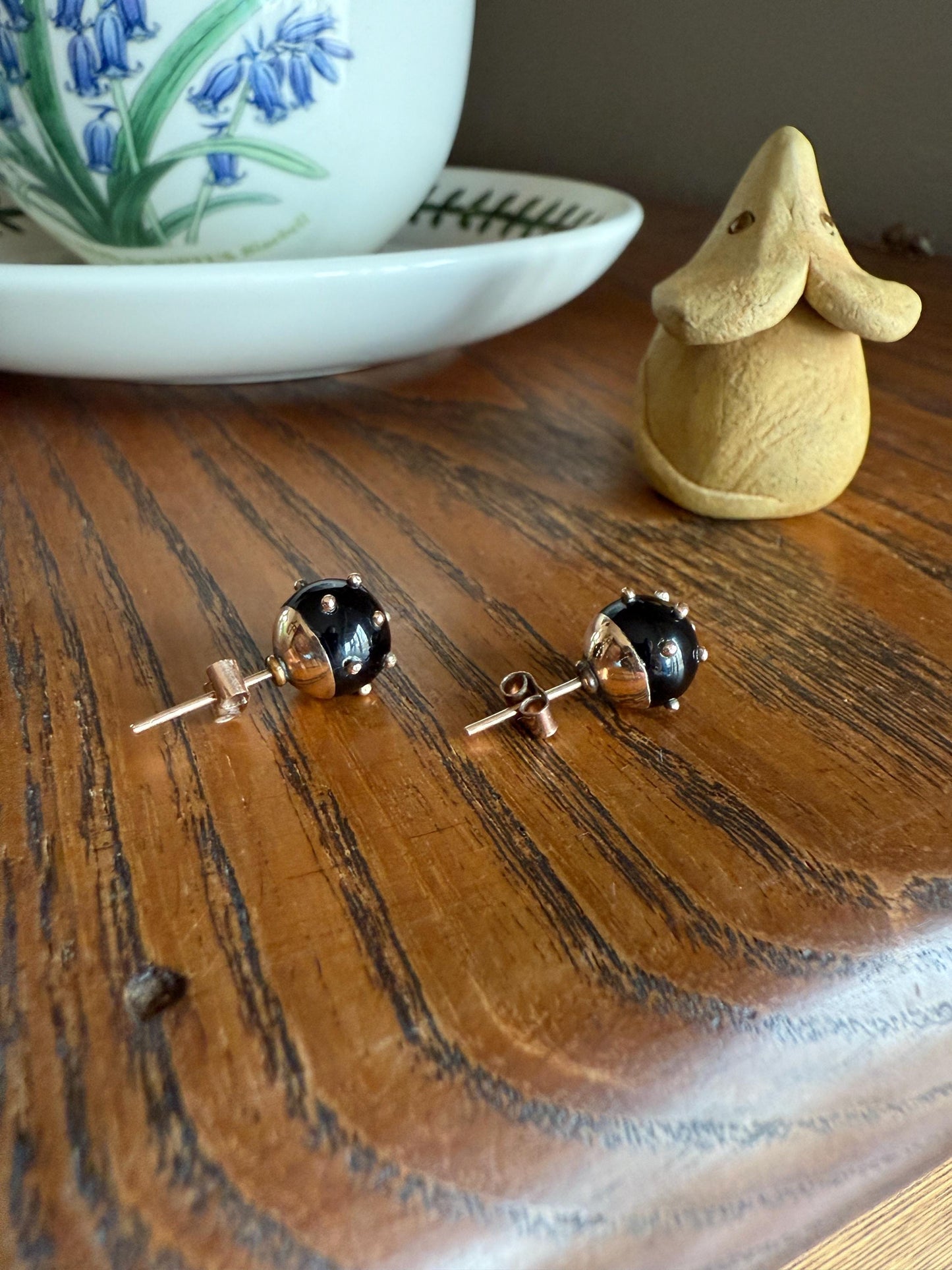 Sphere Circular 3D Victorian Black Spiked Stud Earrings with Ball Rivets " Sputnik " Style but Antique 10k Gold Studs Jet?