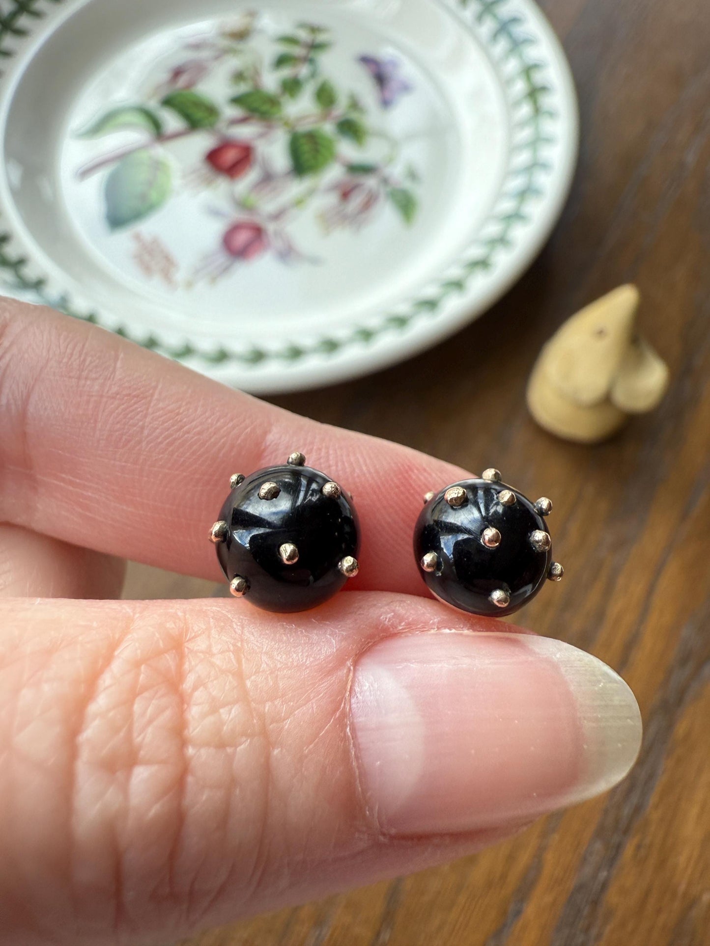 Sphere Circular 3D Victorian Black Spiked Stud Earrings with Ball Rivets " Sputnik " Style but Antique 10k Gold Studs Jet?