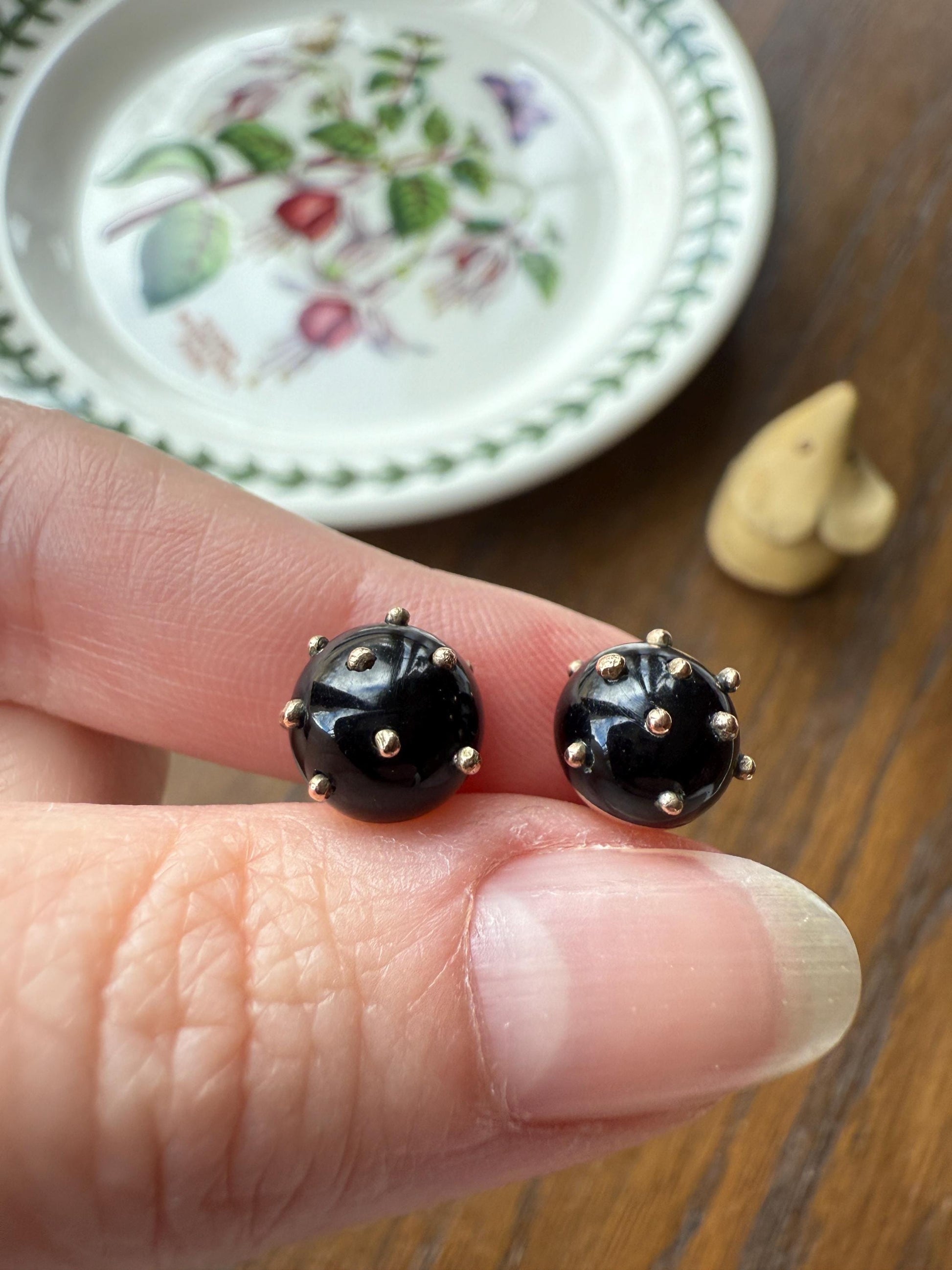 Sphere Circular 3D Victorian Black Spiked Stud Earrings with Ball Rivets " Sputnik " Style but Antique 10k Gold Studs Jet?