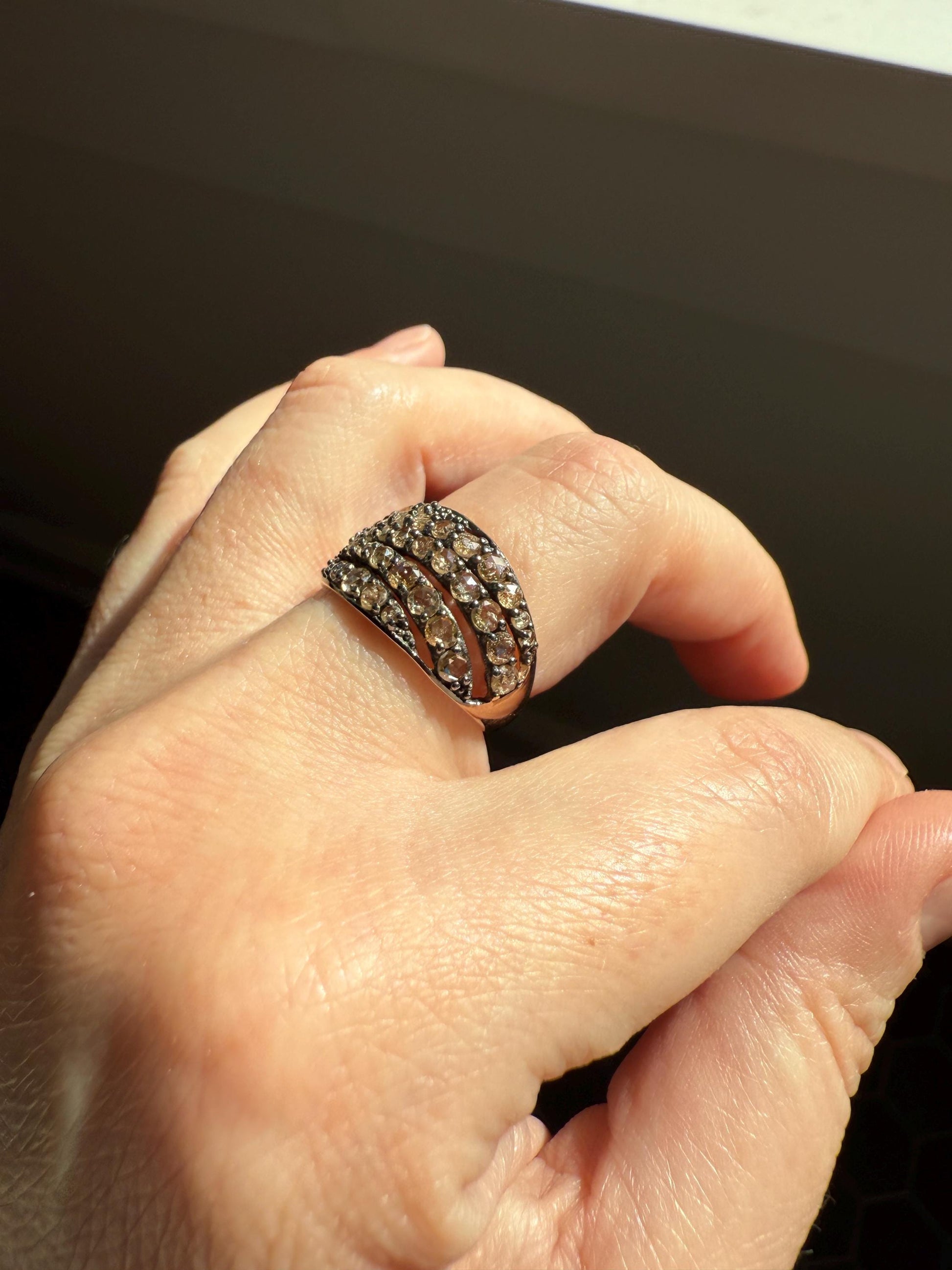 Swirl Wide Band Champagne Natural Rose Cut Diamond Vintage 9k Gold Solid Ring Stacker Linear Swoosh