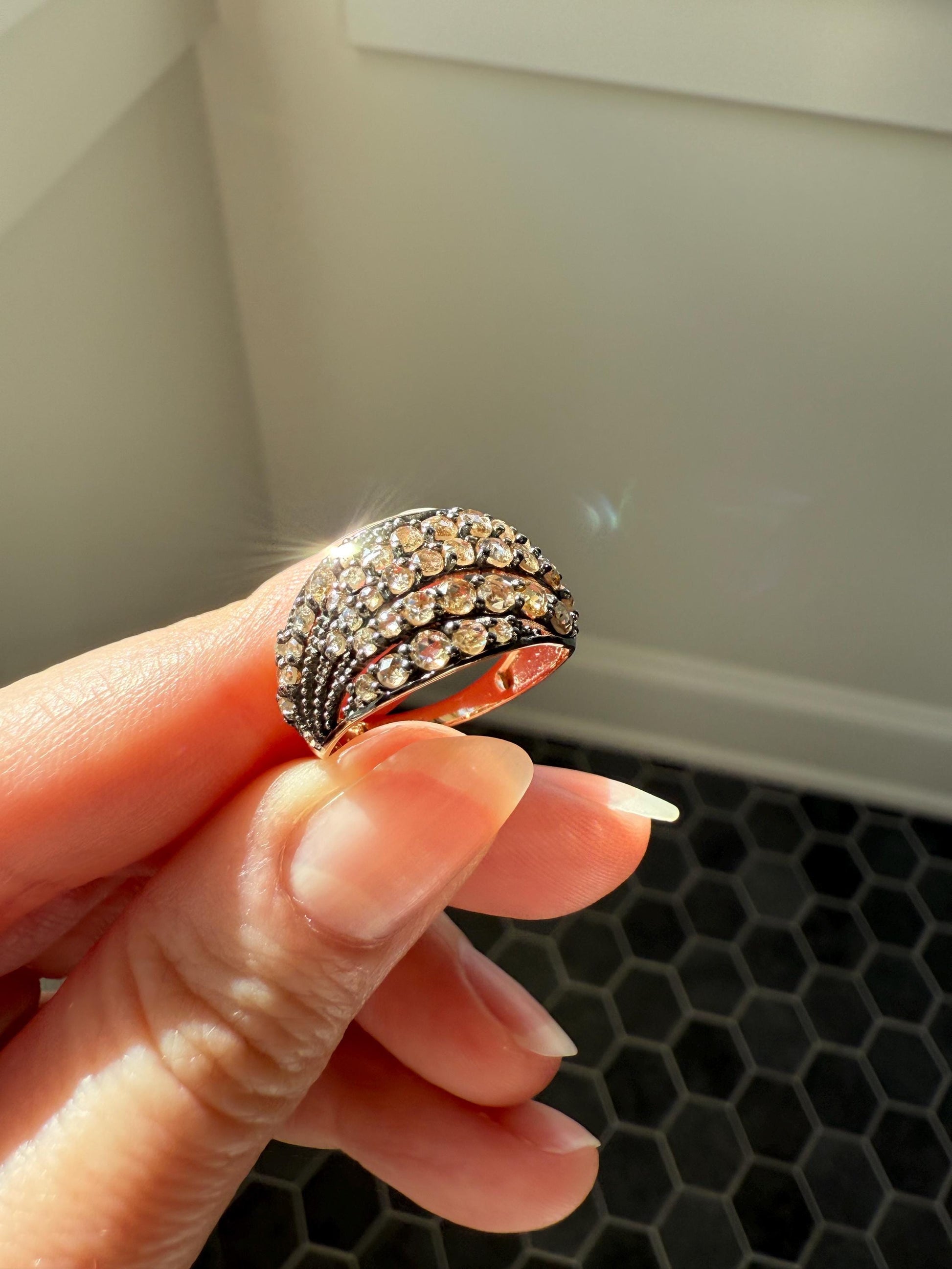 Swirl Wide Band Champagne Natural Rose Cut Diamond Vintage 9k Gold Solid Ring Stacker Linear Swoosh