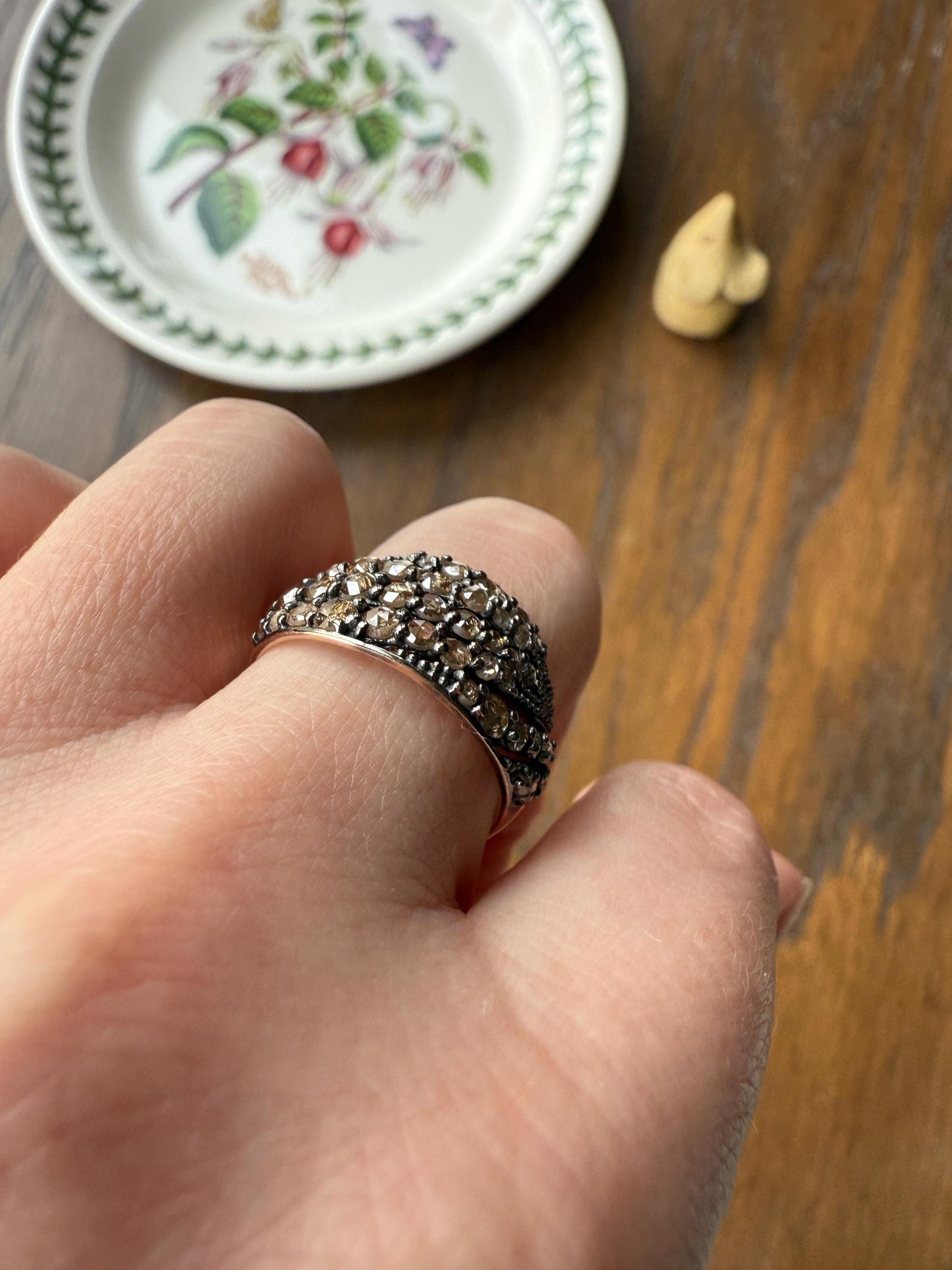 Swirl Wide Band Champagne Natural Rose Cut Diamond Vintage 9k Gold Solid Ring Stacker Linear Swoosh