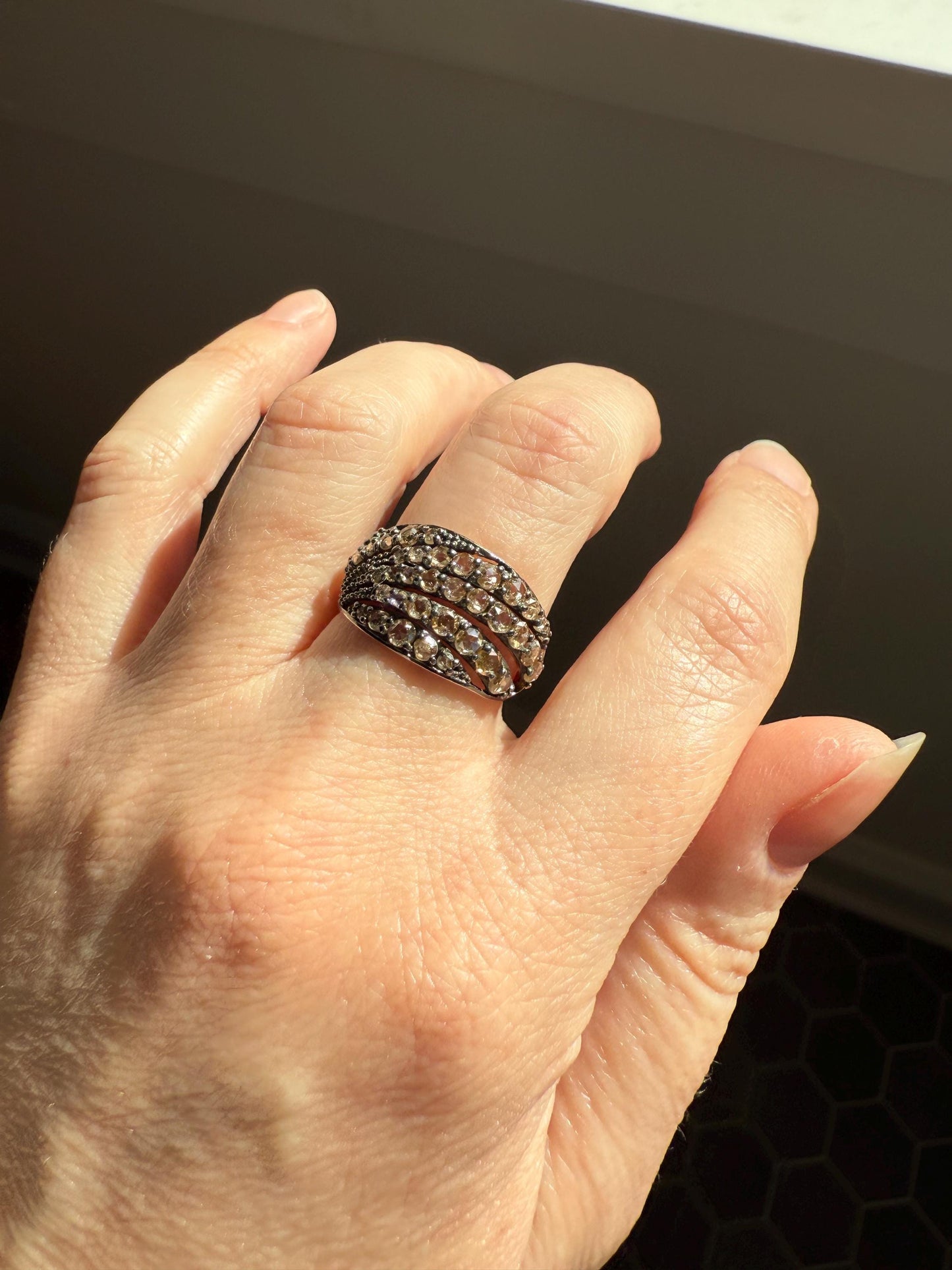 Swirl Wide Band Champagne Natural Rose Cut Diamond Vintage 9k Gold Solid Ring Stacker Linear Swoosh