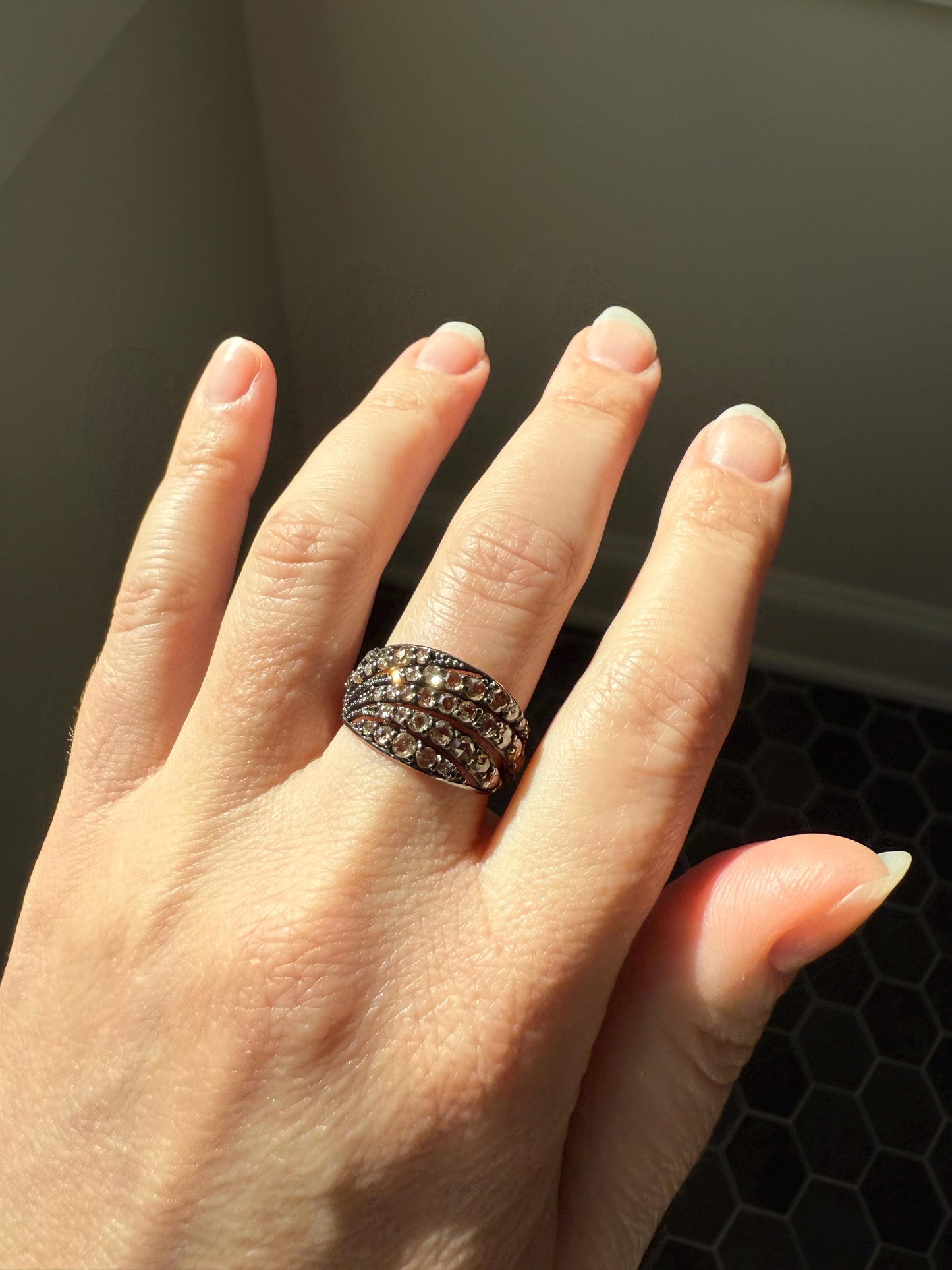 Swirl Wide Band Champagne Natural Rose Cut Diamond Vintage 9k Gold Solid Ring Stacker Linear Swoosh