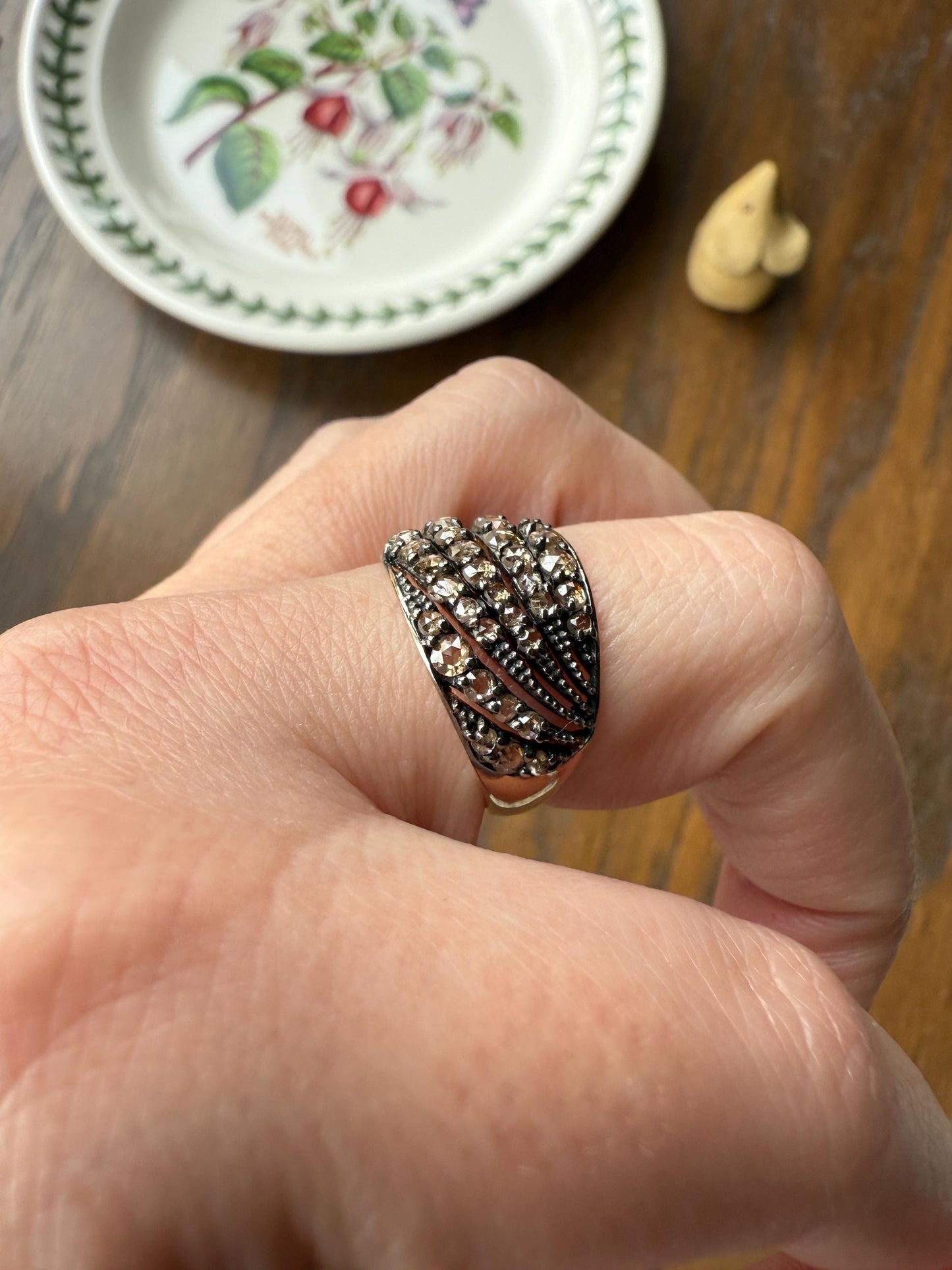 Swirl Wide Band Champagne Natural Rose Cut Diamond Vintage 9k Gold Solid Ring Stacker Linear Swoosh