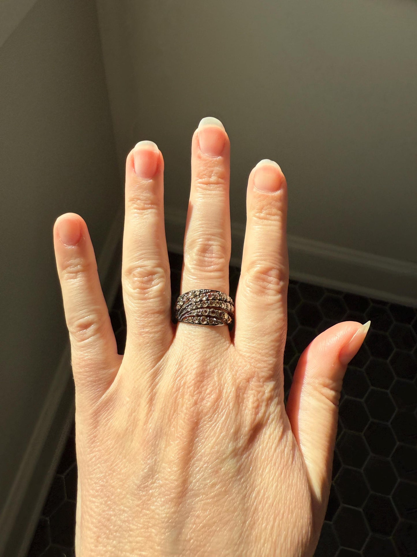 Swirl Wide Band Champagne Natural Rose Cut Diamond Vintage 9k Gold Solid Ring Stacker Linear Swoosh