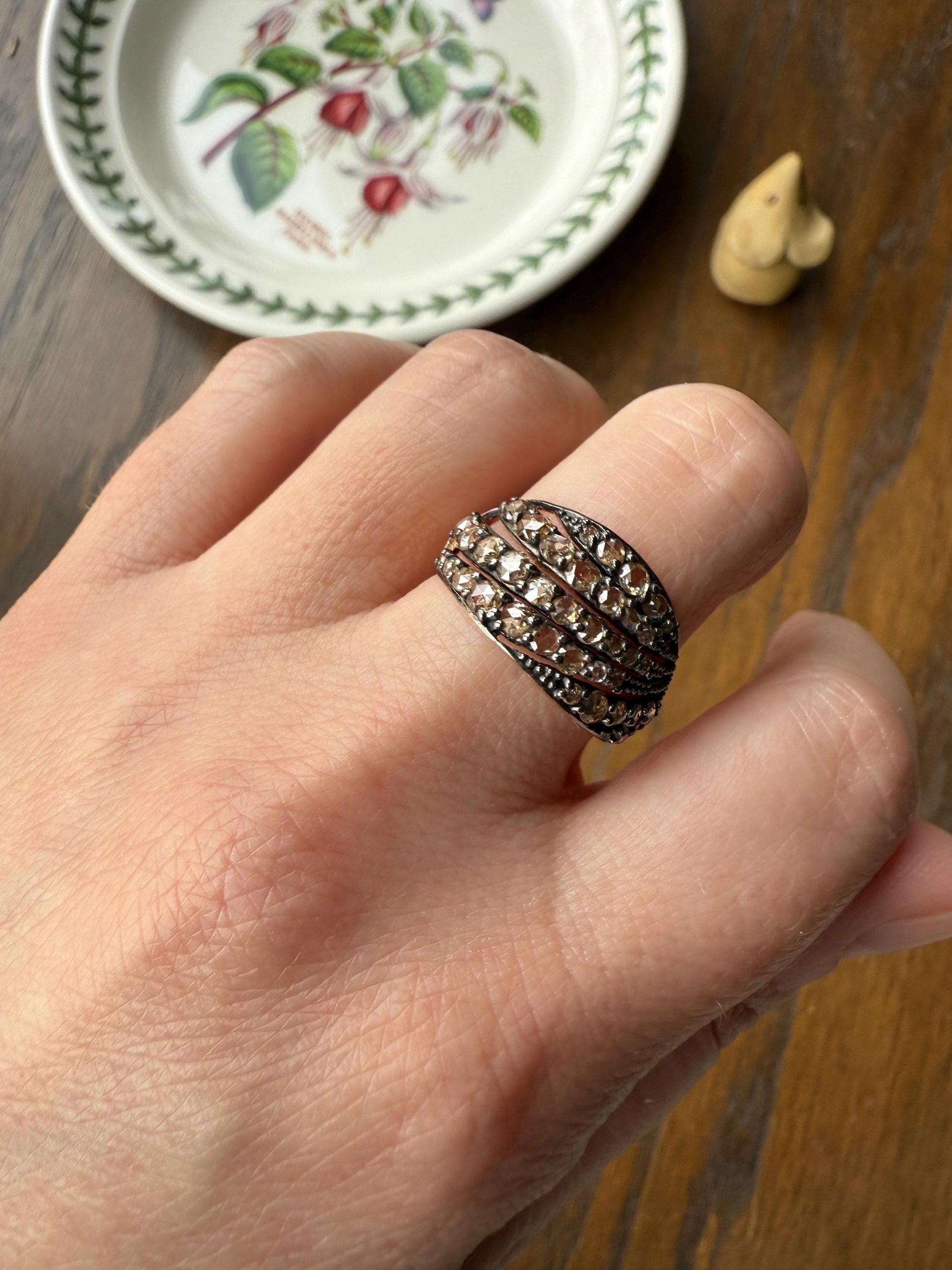 Swirl Wide Band Champagne Natural Rose Cut Diamond Vintage 9k Gold Solid Ring Stacker Linear Swoosh