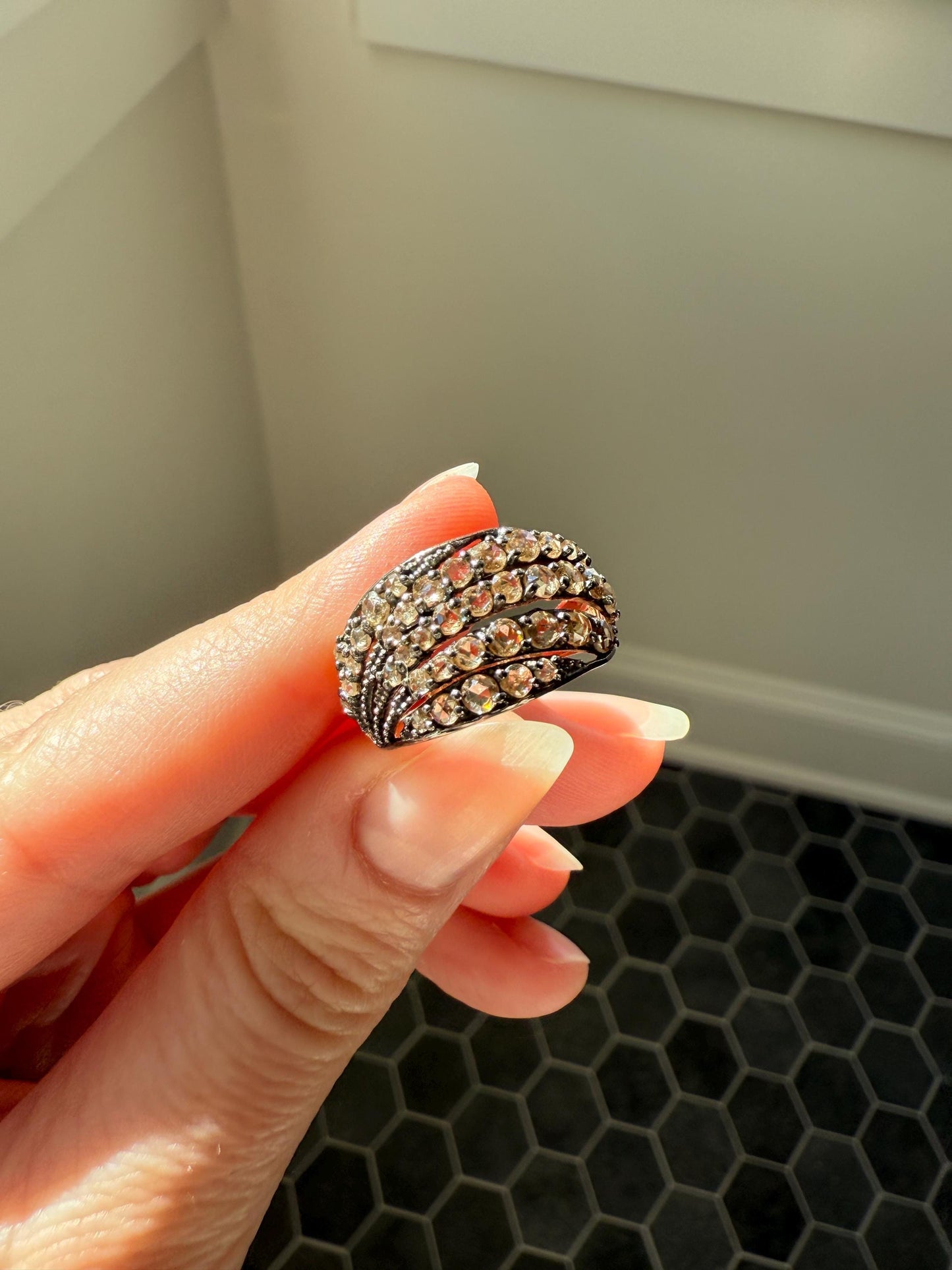 Swirl Wide Band Champagne Natural Rose Cut Diamond Vintage 9k Gold Solid Ring Stacker Linear Swoosh