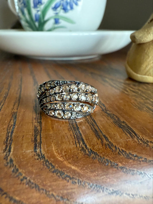 Swirl Wide Band Champagne Natural Rose Cut Diamond Vintage 9k Gold Solid Ring Stacker Linear Swoosh