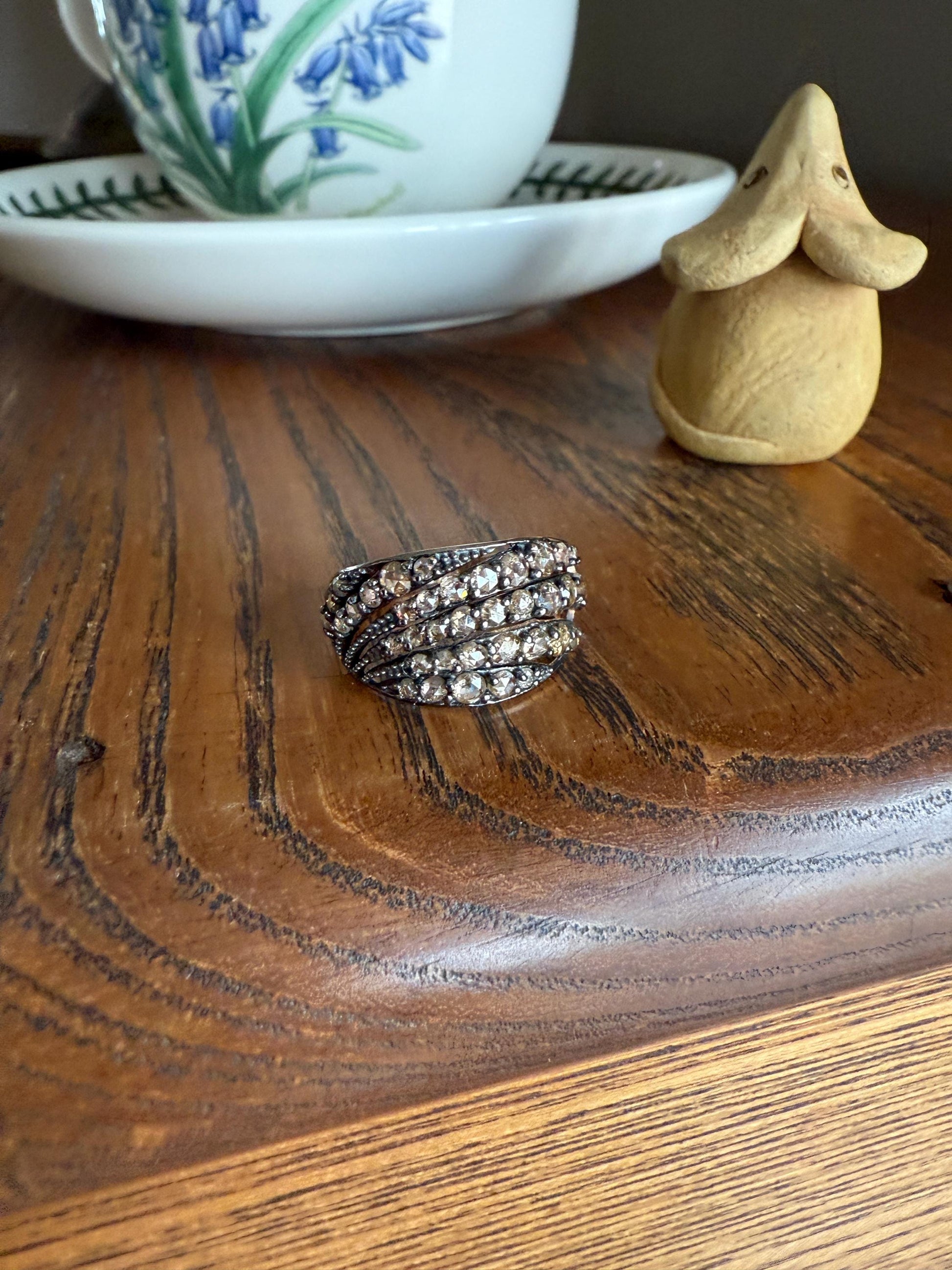 Swirl Wide Band Champagne Natural Rose Cut Diamond Vintage 9k Gold Solid Ring Stacker Linear Swoosh