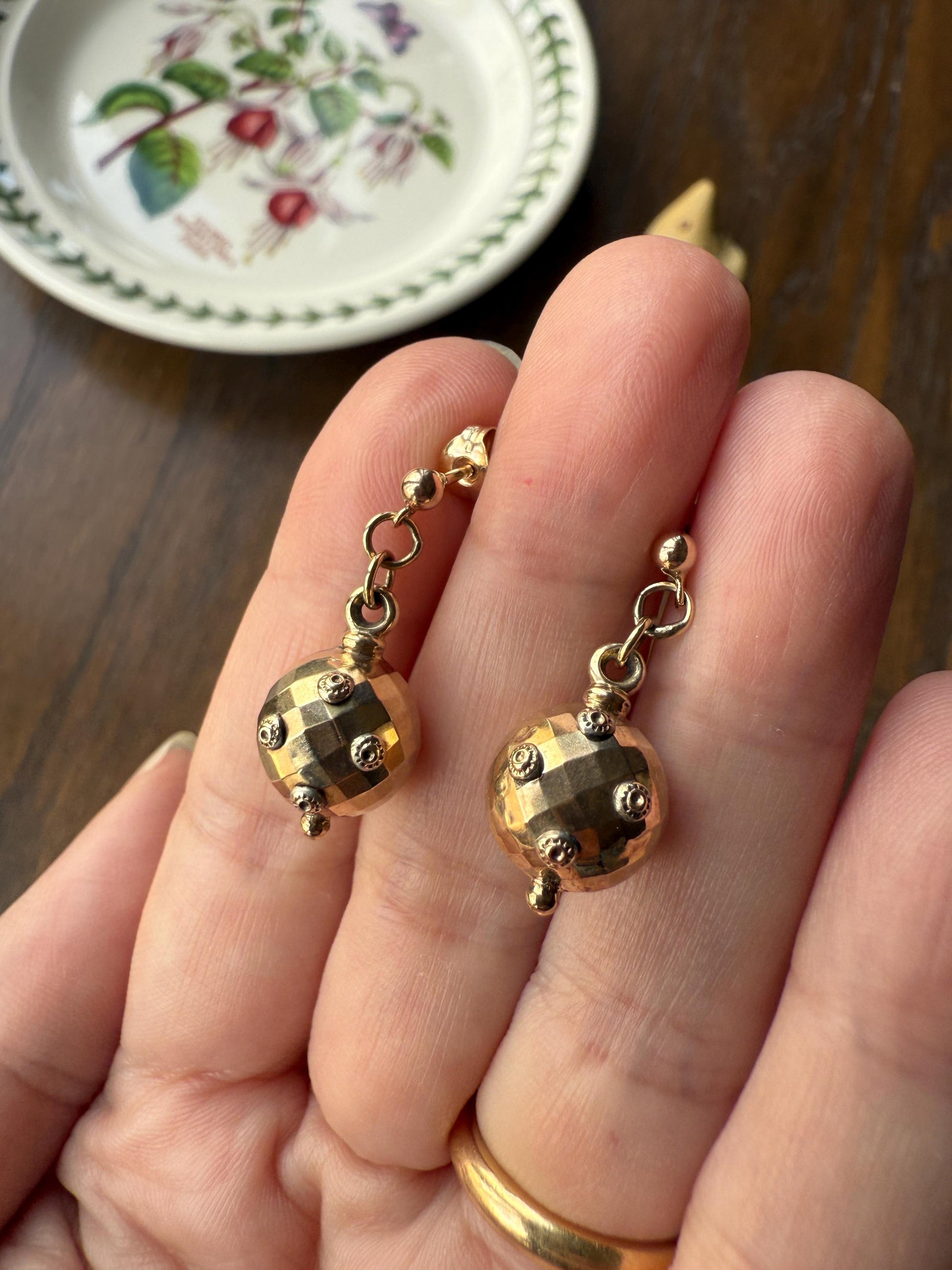 Victorian Faceted Sphere Circular 3D Victorian Spiked Dangle Earrings with Ball Rivet Sputnik Style but Antique 9k Gold Disco Ball Shimmer