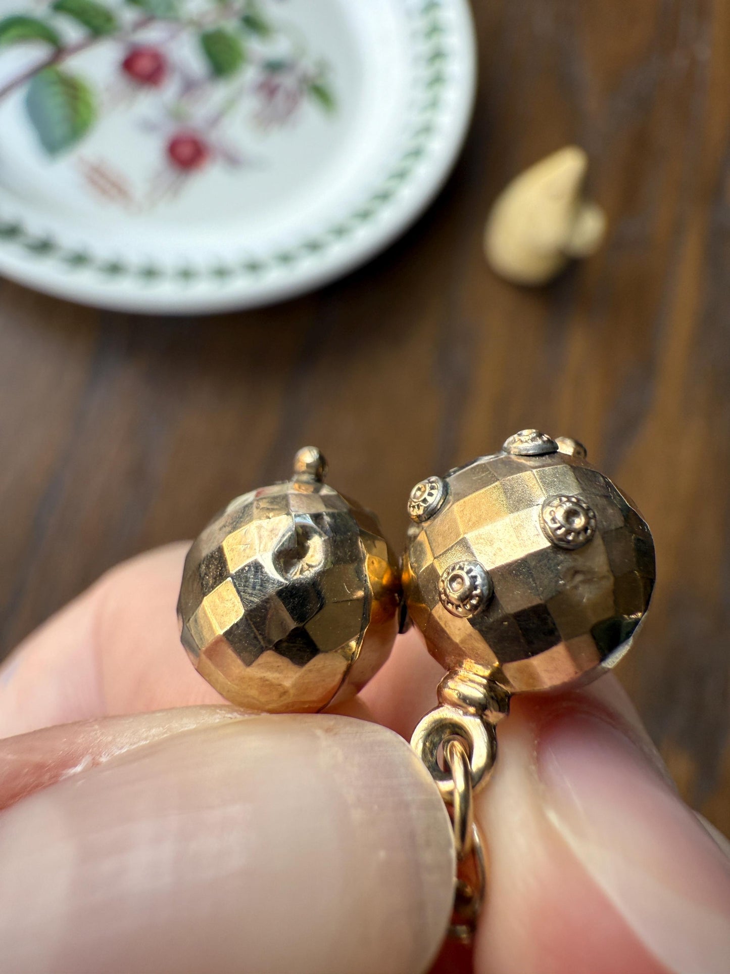 Victorian Faceted Sphere Circular 3D Victorian Spiked Dangle Earrings with Ball Rivet Sputnik Style but Antique 9k Gold Disco Ball Shimmer