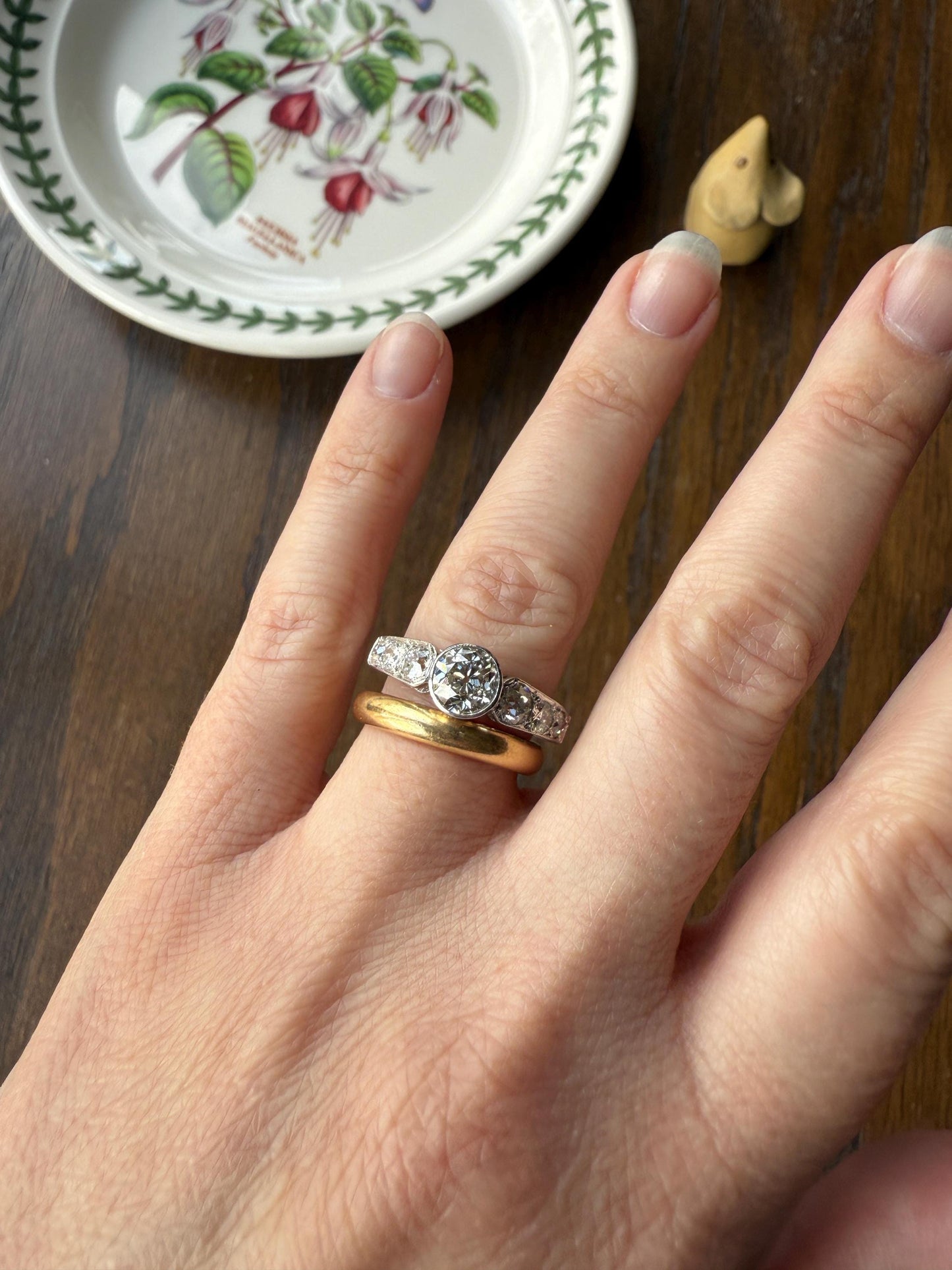 Art Deco Antique Bezel Set Eye Clean 1.85 Carat Tdw Old Mine Cut Diamond Seven Stone Solitaire w/ Accents 18k White Gold & Platinum