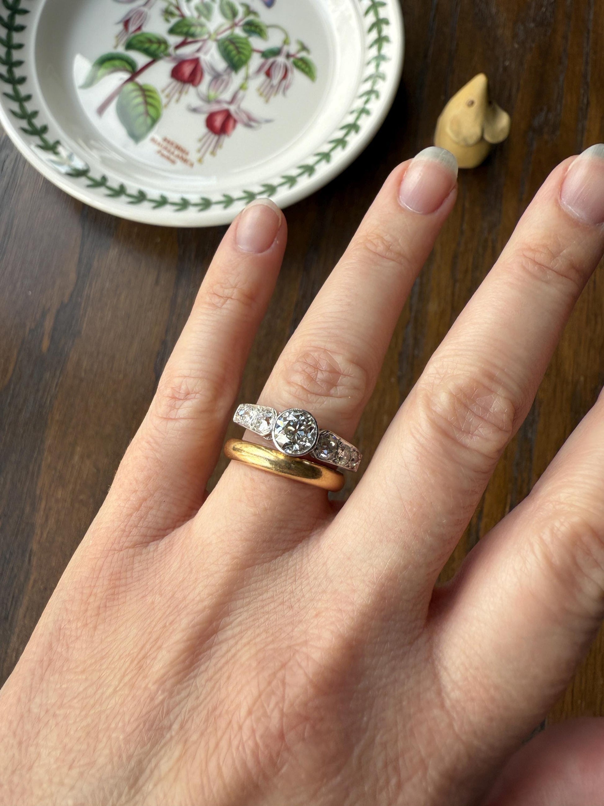 Art Deco Antique Bezel Set Eye Clean 1.85 Carat Tdw Old Mine Cut Diamond Seven Stone Solitaire w/ Accents 18k White Gold & Platinum