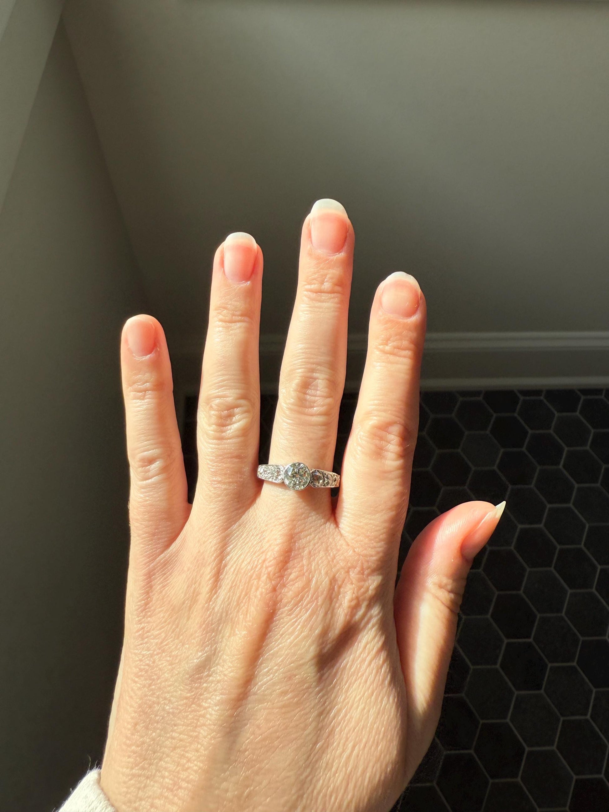 Art Deco Antique Bezel Set Eye Clean 1.85 Carat Tdw Old Mine Cut Diamond Seven Stone Solitaire w/ Accents 18k White Gold & Platinum