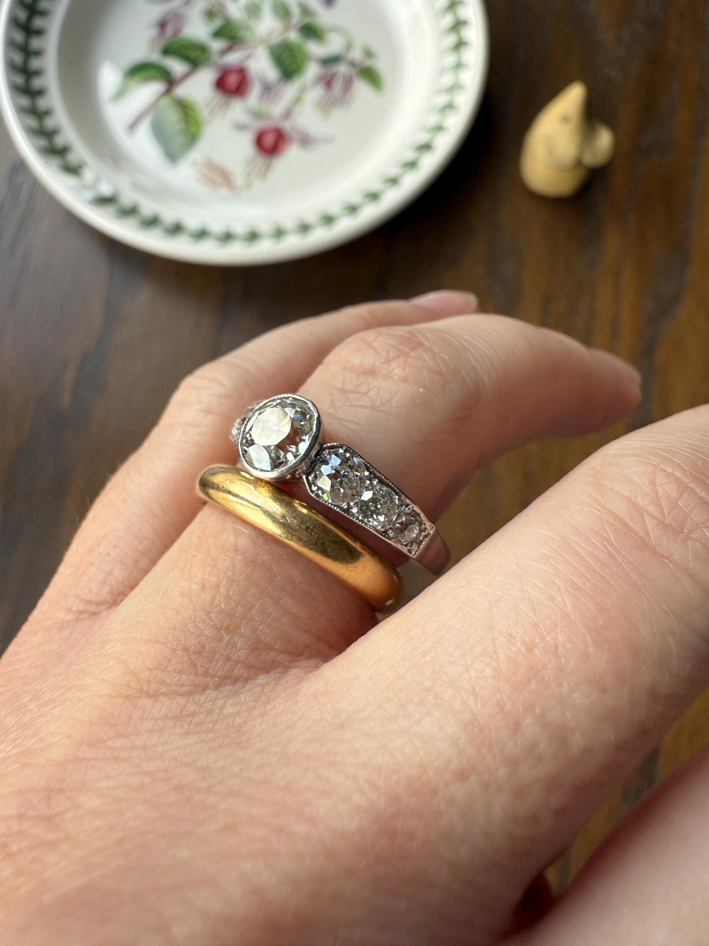 Art Deco Antique Bezel Set Eye Clean 1.85 Carat Tdw Old Mine Cut Diamond Seven Stone Solitaire w/ Accents 18k White Gold & Platinum