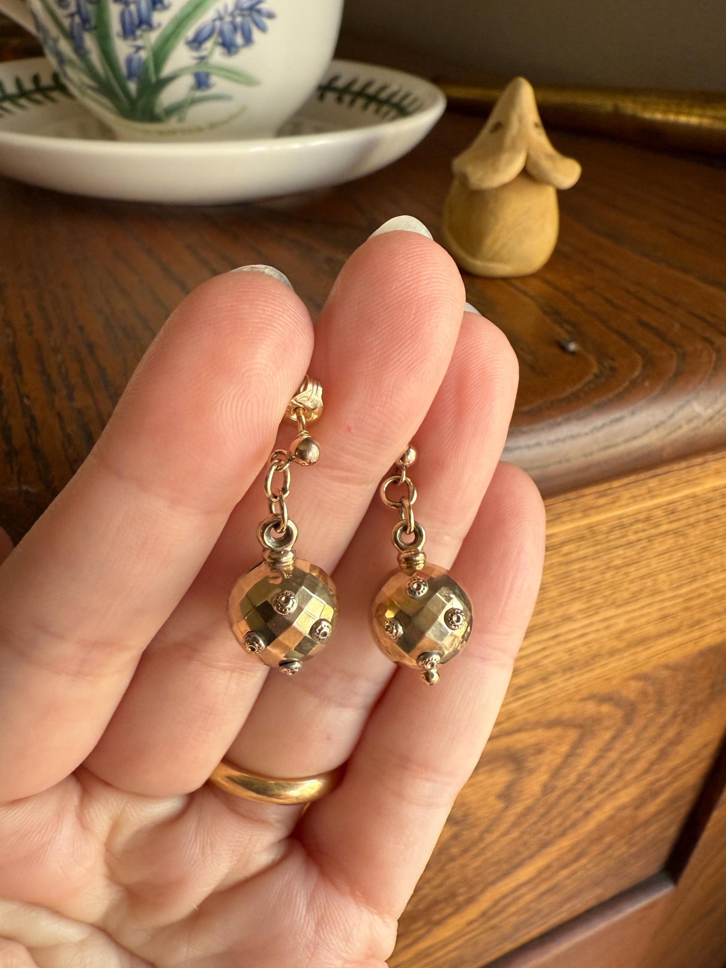 Victorian Faceted Sphere Circular 3D Victorian Spiked Dangle Earrings with Ball Rivet Sputnik Style but Antique 9k Gold Disco Ball Shimmer
