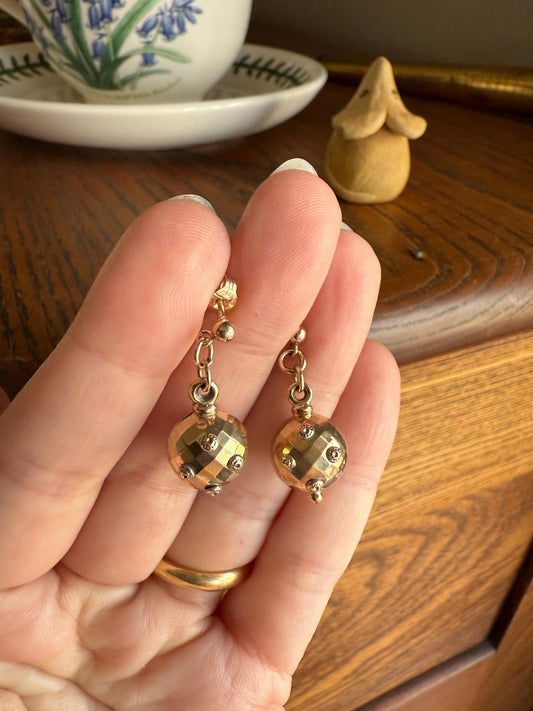 Victorian Faceted Sphere Circular 3D Victorian Spiked Dangle Earrings with Ball Rivet Sputnik Style but Antique 9k Gold Disco Ball Shimmer
