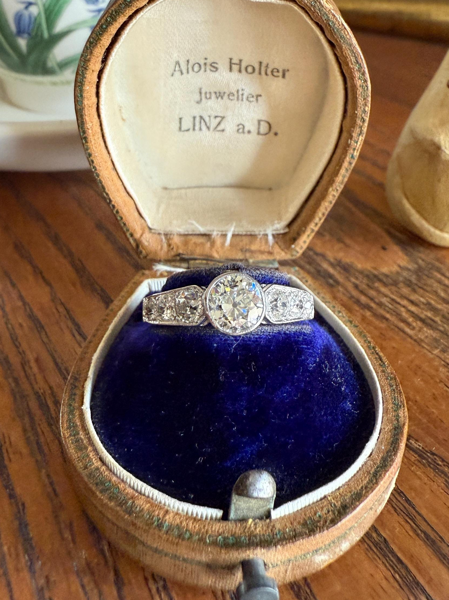 Art Deco Antique Bezel Set Eye Clean 1.85 Carat Tdw Old Mine Cut Diamond Seven Stone Solitaire w/ Accents 18k White Gold & Platinum