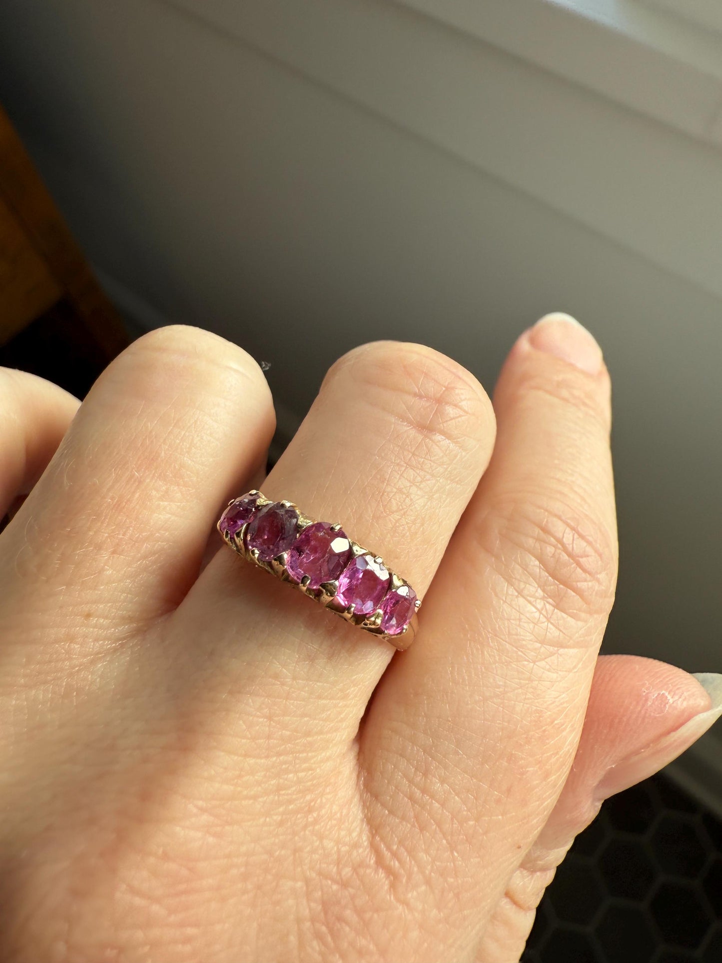 Antique Ruby Pink Sapphire Victorian Antique Five Stone Stacker Band 10k Gold Ring