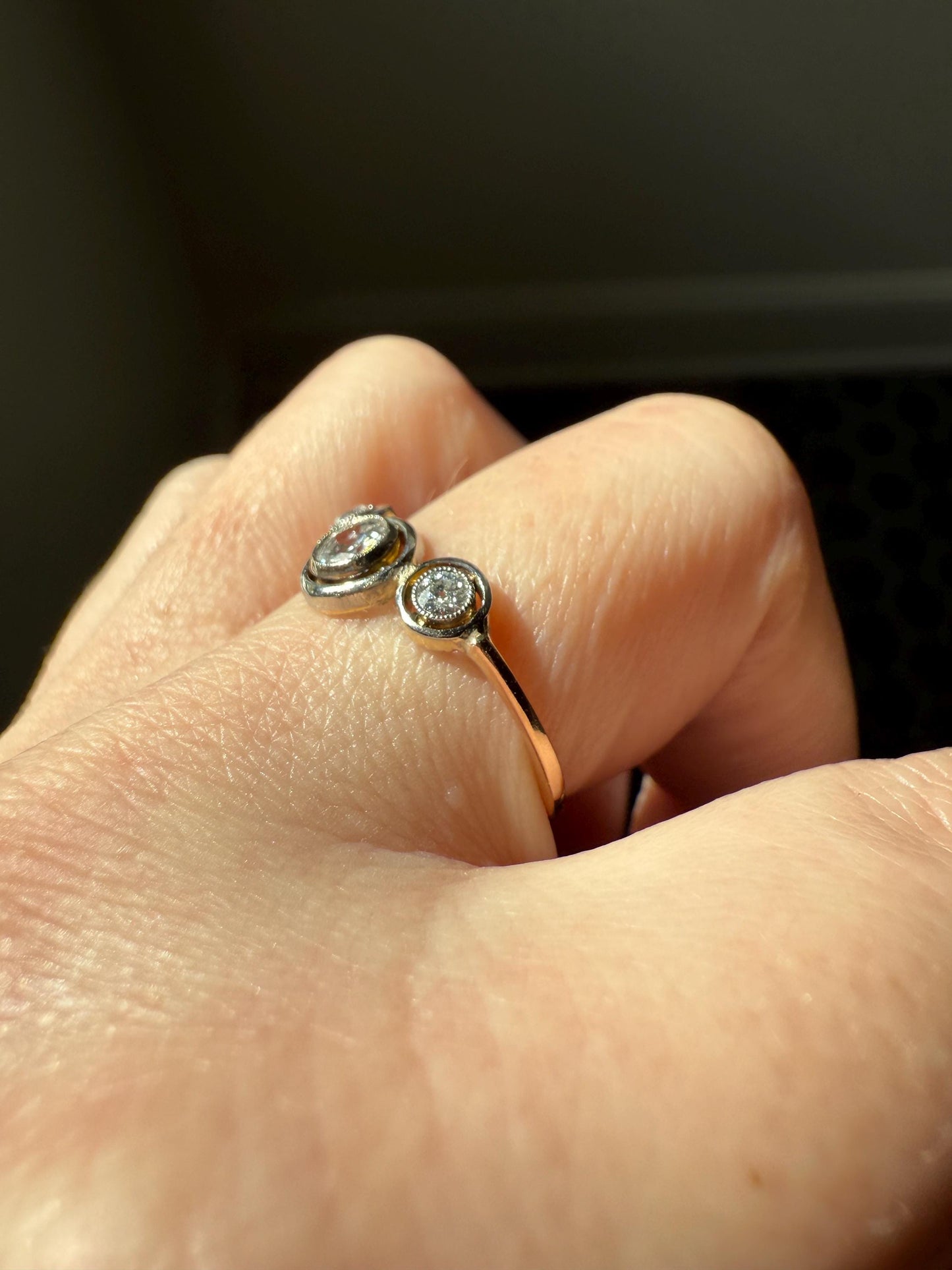 Unique Antique Crown Tiara Ring Bezel Set Three Stone Old Mine & European Cut Diamond Band with Halos 18k Gold Stacker Bullseye Target