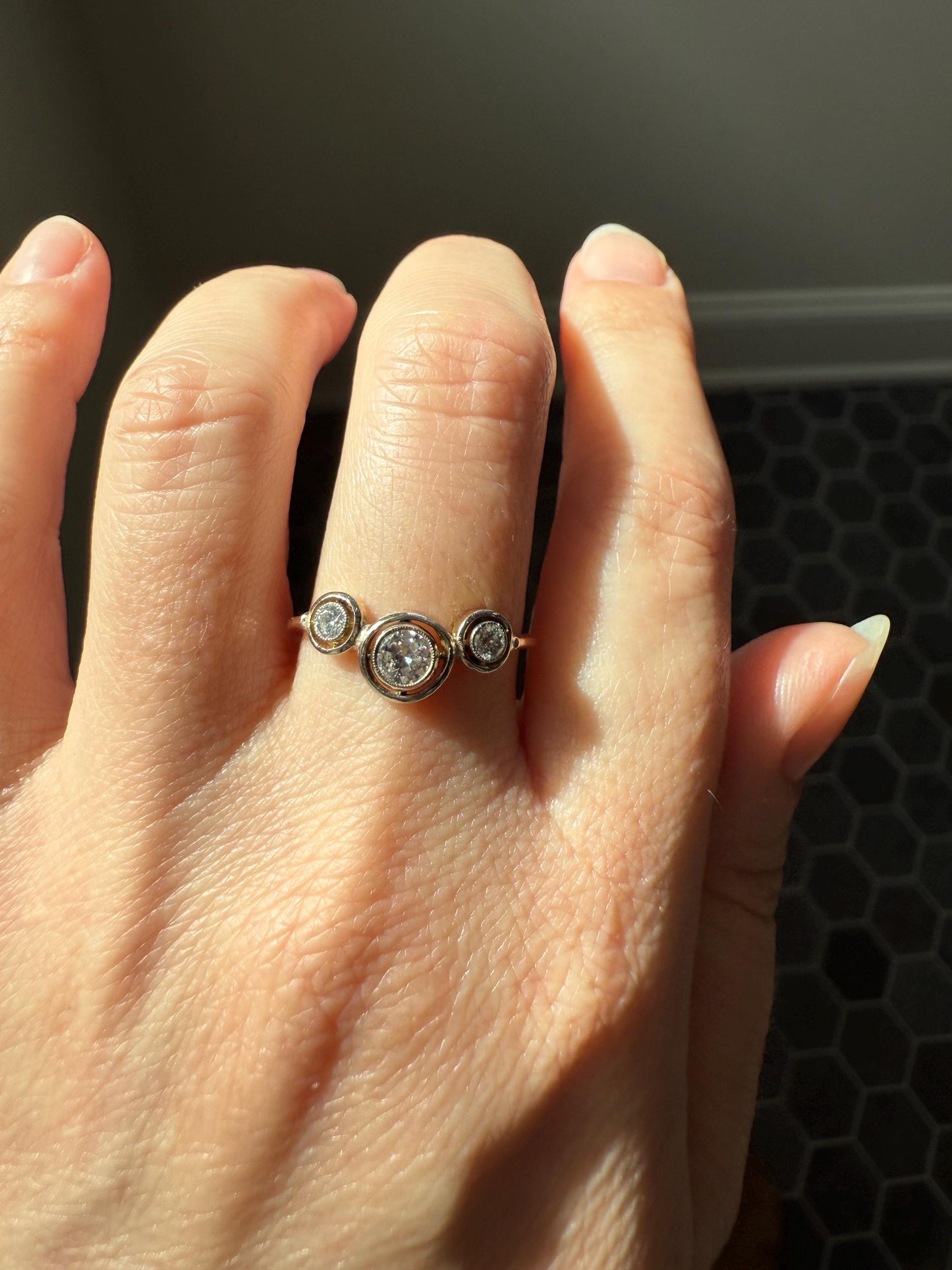 Unique Antique Crown Tiara Ring Bezel Set Three Stone Old Mine & European Cut Diamond Band with Halos 18k Gold Stacker Bullseye Target
